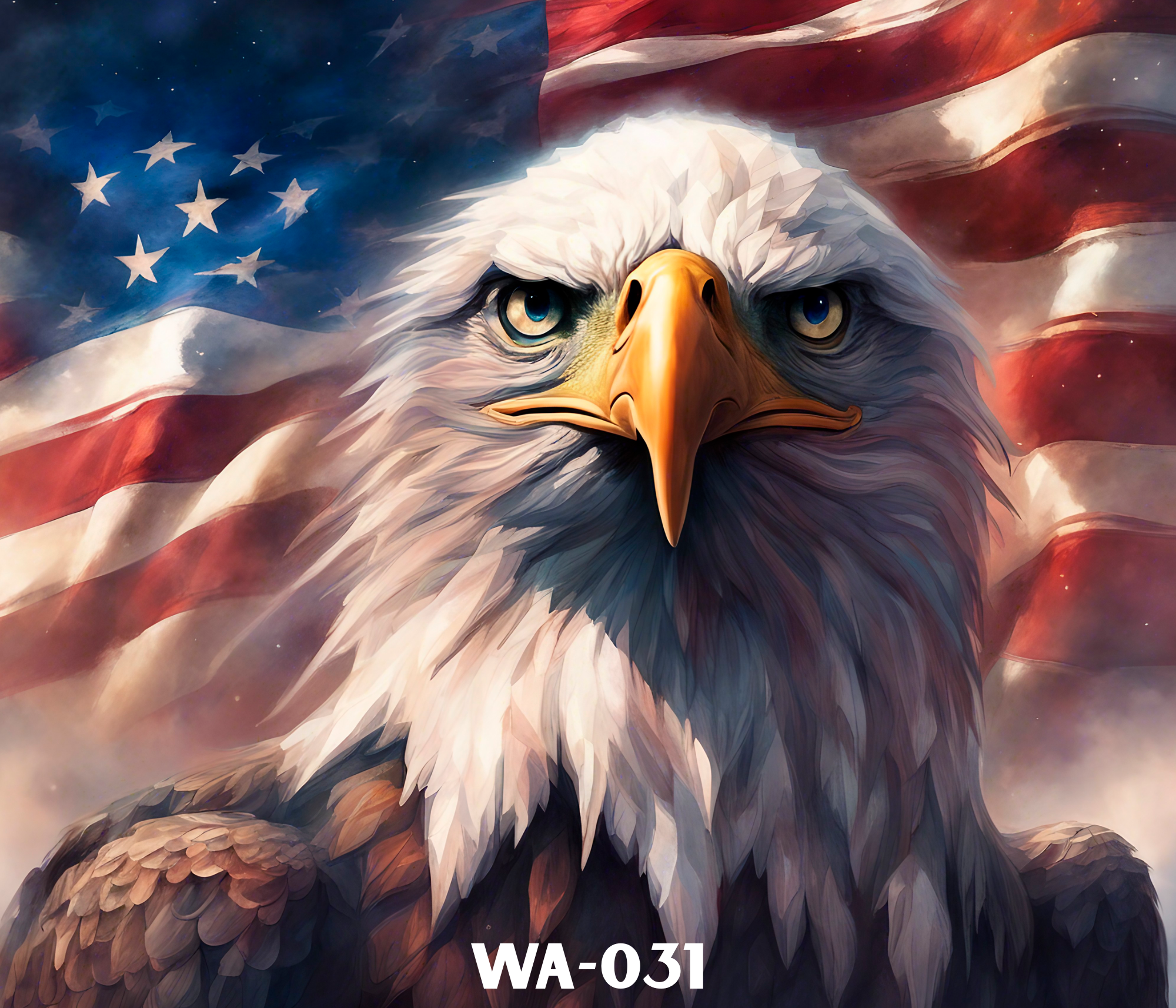 A digital artwork of a bald eagle's face with piercing blue eyes, set against an American flag in the background. The flag appears flowing and slightly abstract, with the eagle's sharp beak and fierce expression prominently featured.