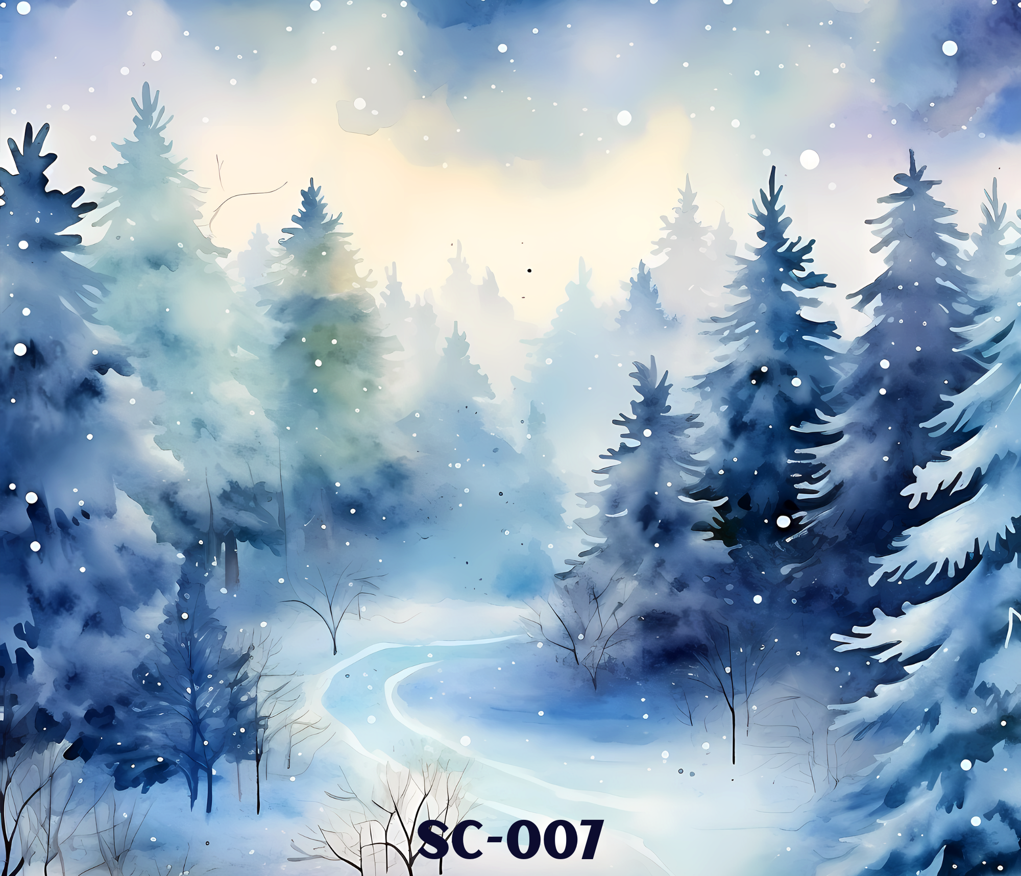A watercolor painting of a snowy landscape with evergreen trees and a winding path, under a cloudy sky with snow falling.