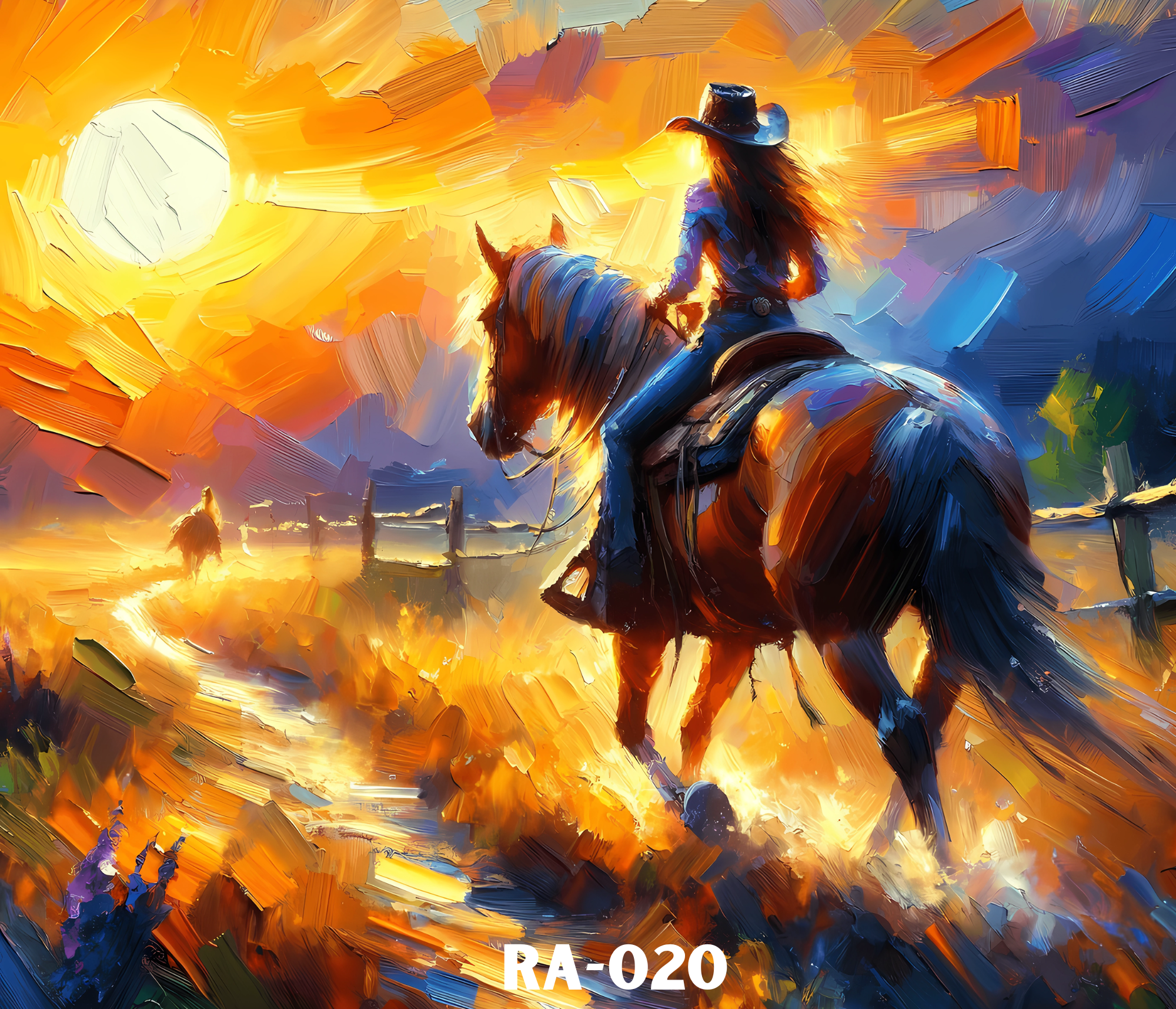 Digital painting of a person riding a horse at sunset, with a vibrant sky filled with orange, yellow, purple, and blue hues, and a bright sun near the horizon.