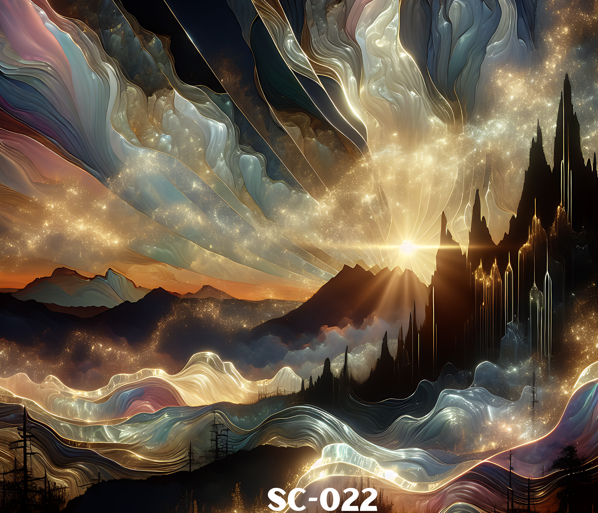 Abstract digital art of swirling colors and lights resembling clouds and mountains with a golden glow at the horizon, called SC-022.