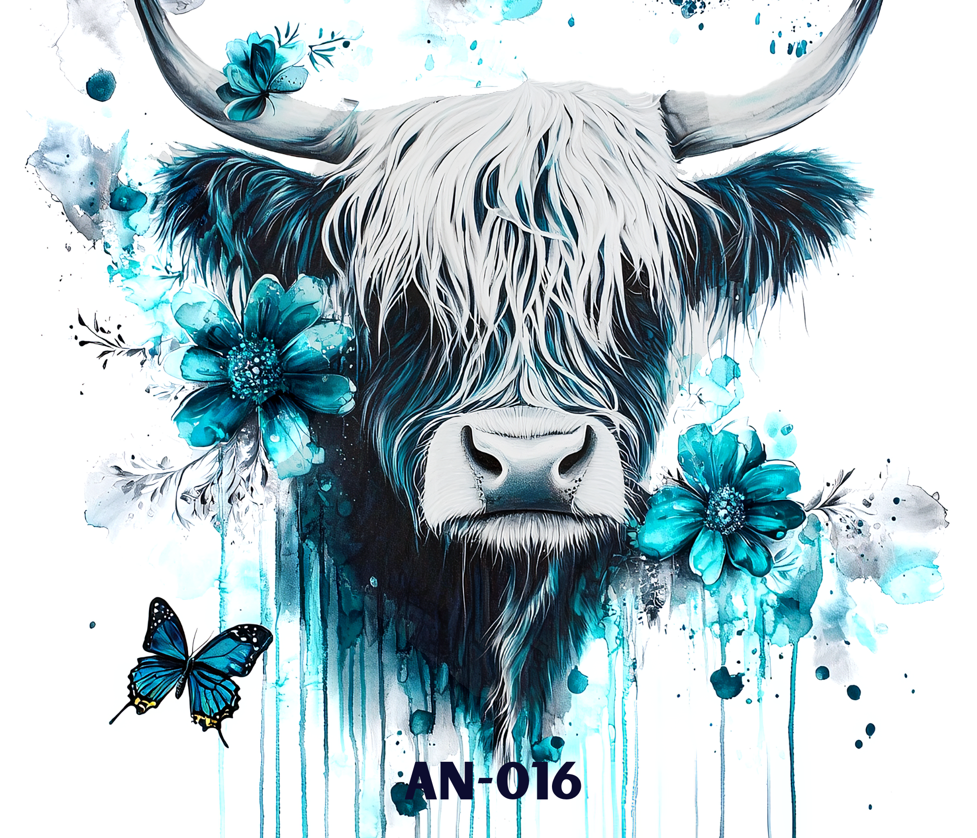 A watercolor painting of a highland cow with long white and dark hair, large horns, surrounded by blue flowers and butterflies. The background features splashes of blue and black paint