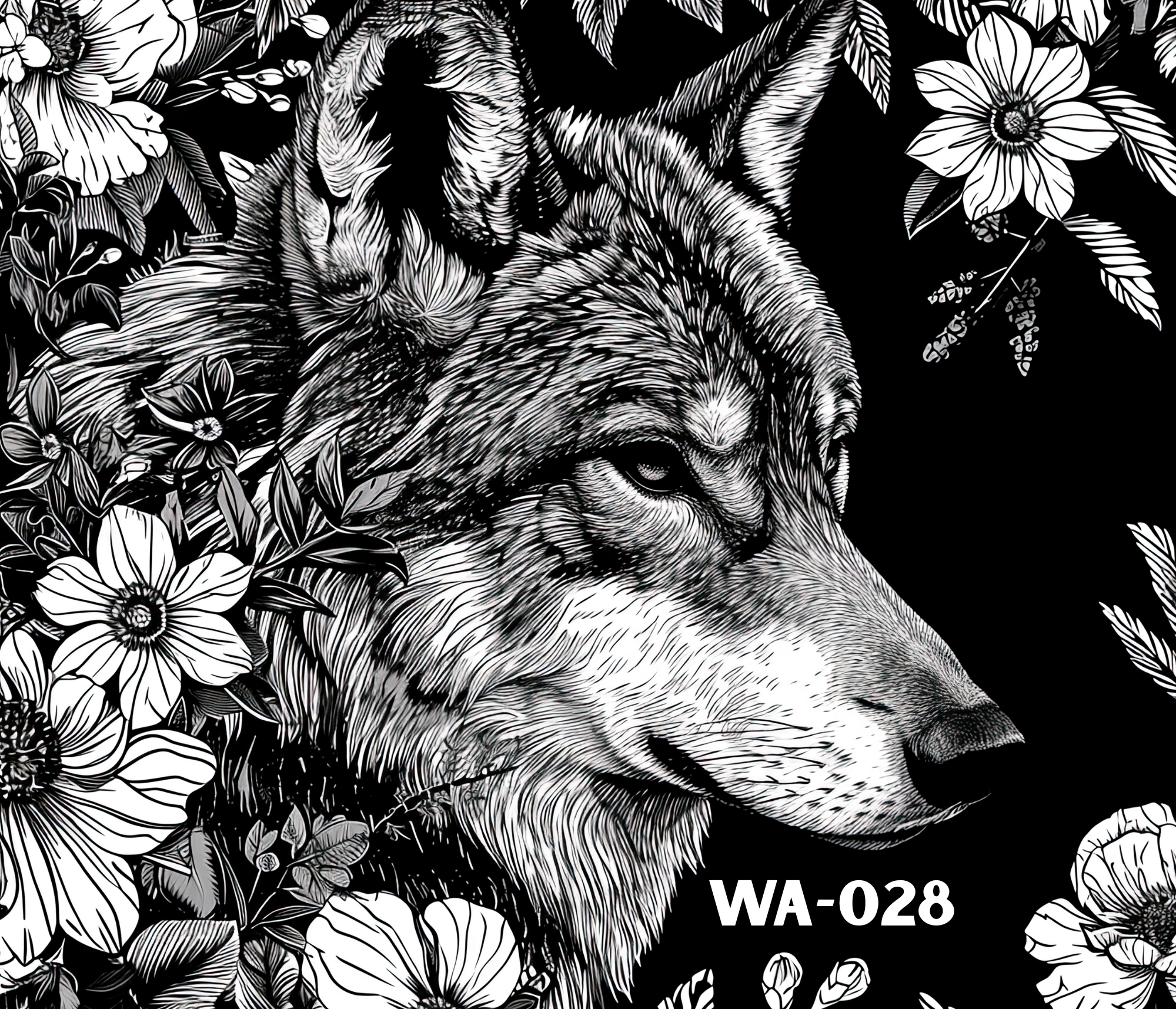 Black and white illustration of a wolf's face surrounded by detailed leaves and flowers,
