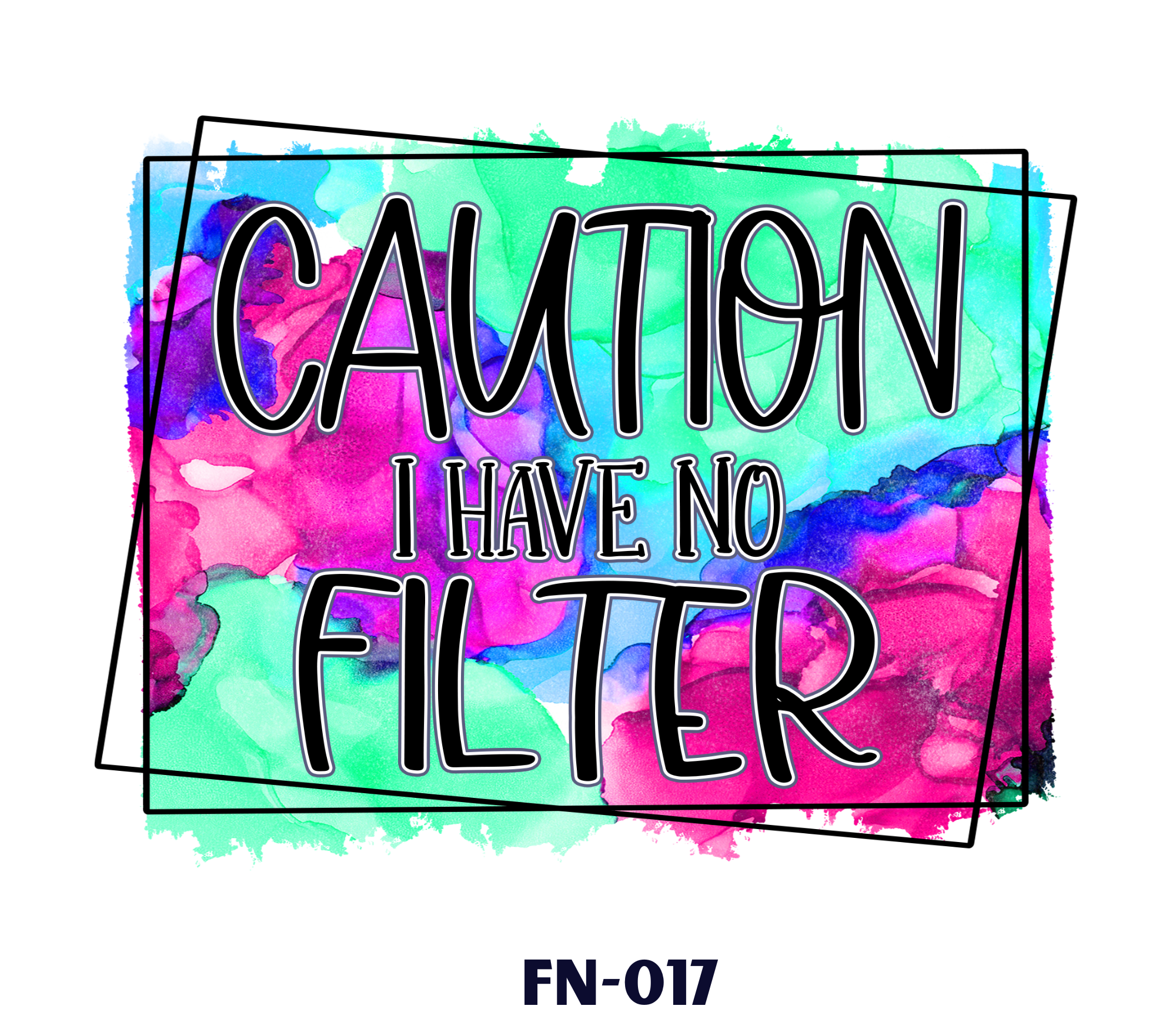 Colorful watercolor background with overlapping black outlined text that says "CAUTION" and other text partially visible underneath.