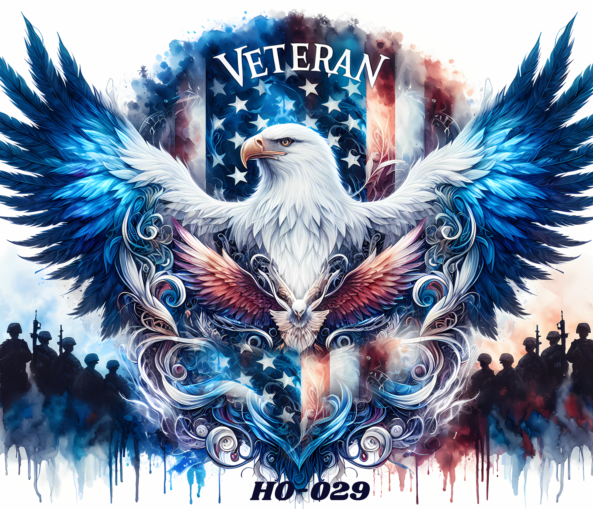 A digital artwork featuring a large white eagle with blue and red accents, with outstretched wings and a fierce expression. Behind the eagle, there is a background with an American flag design and artistic splashes of red, white, and blue. The word 'VETERAN' is written prominently at the top,