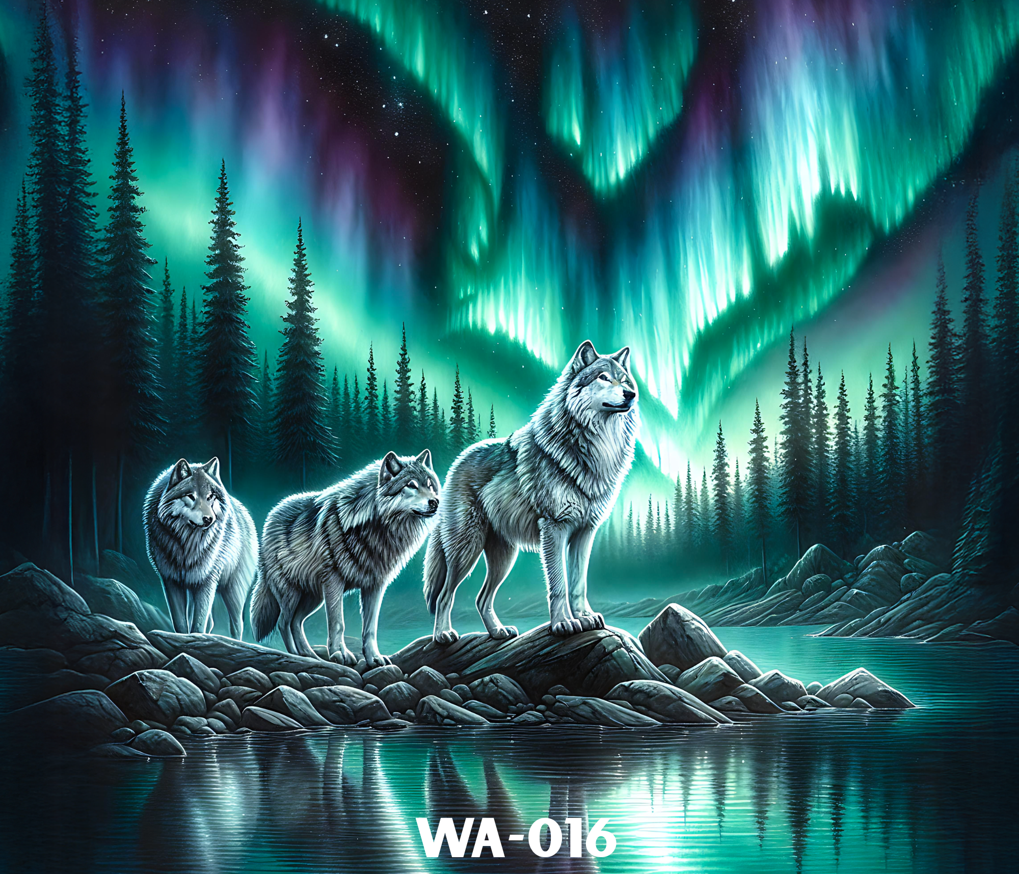 Four wolves standing on rocks by a lake at night, with the Northern Lights and a starry sky in the background.