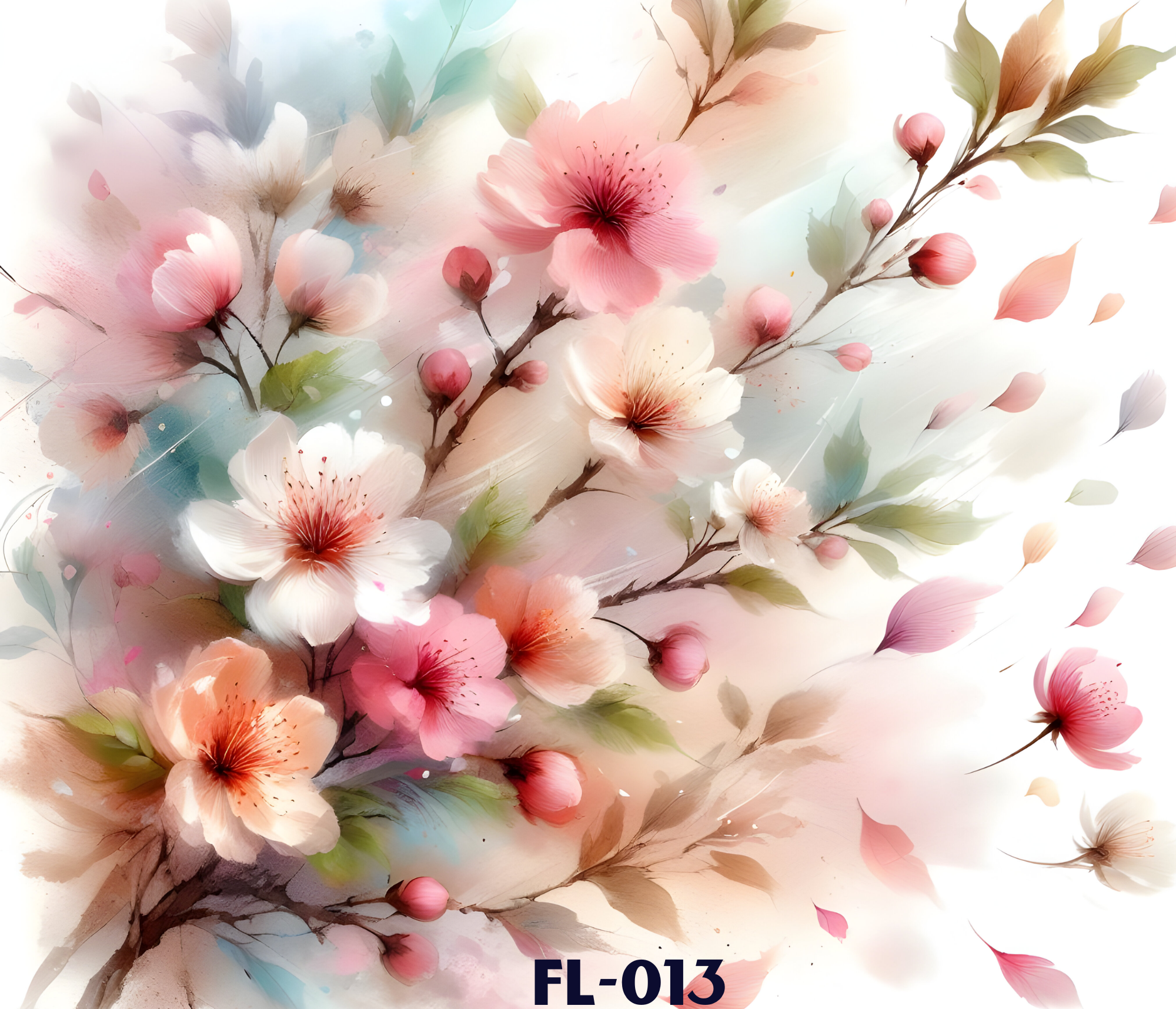 Digital illustration of cherry blossoms in soft pastel shades of pink, white, and green, with petals gently falling. The image includes the text "FLOWER" and code "FL-013" at the bottom.