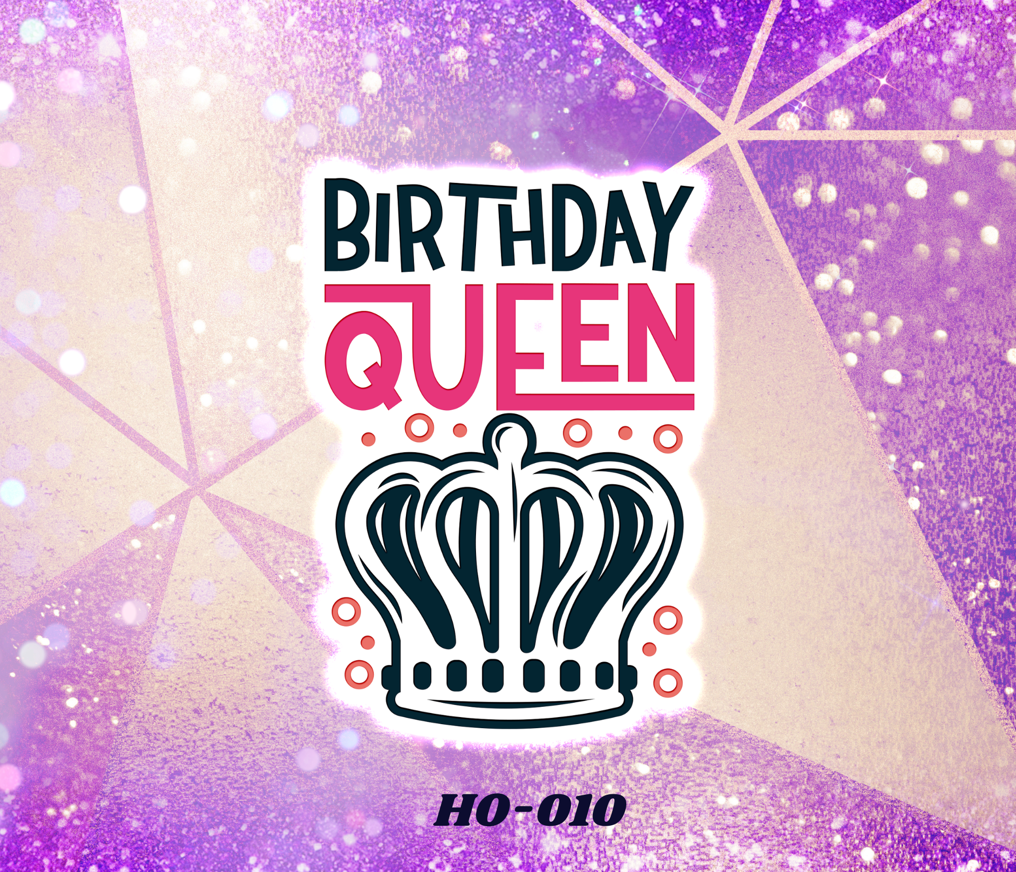 A colorful birthday party poster with a purple and pink glittery background. It features a stylized birthday cake with candles and the text 'Birthday Queen' in bold letters.