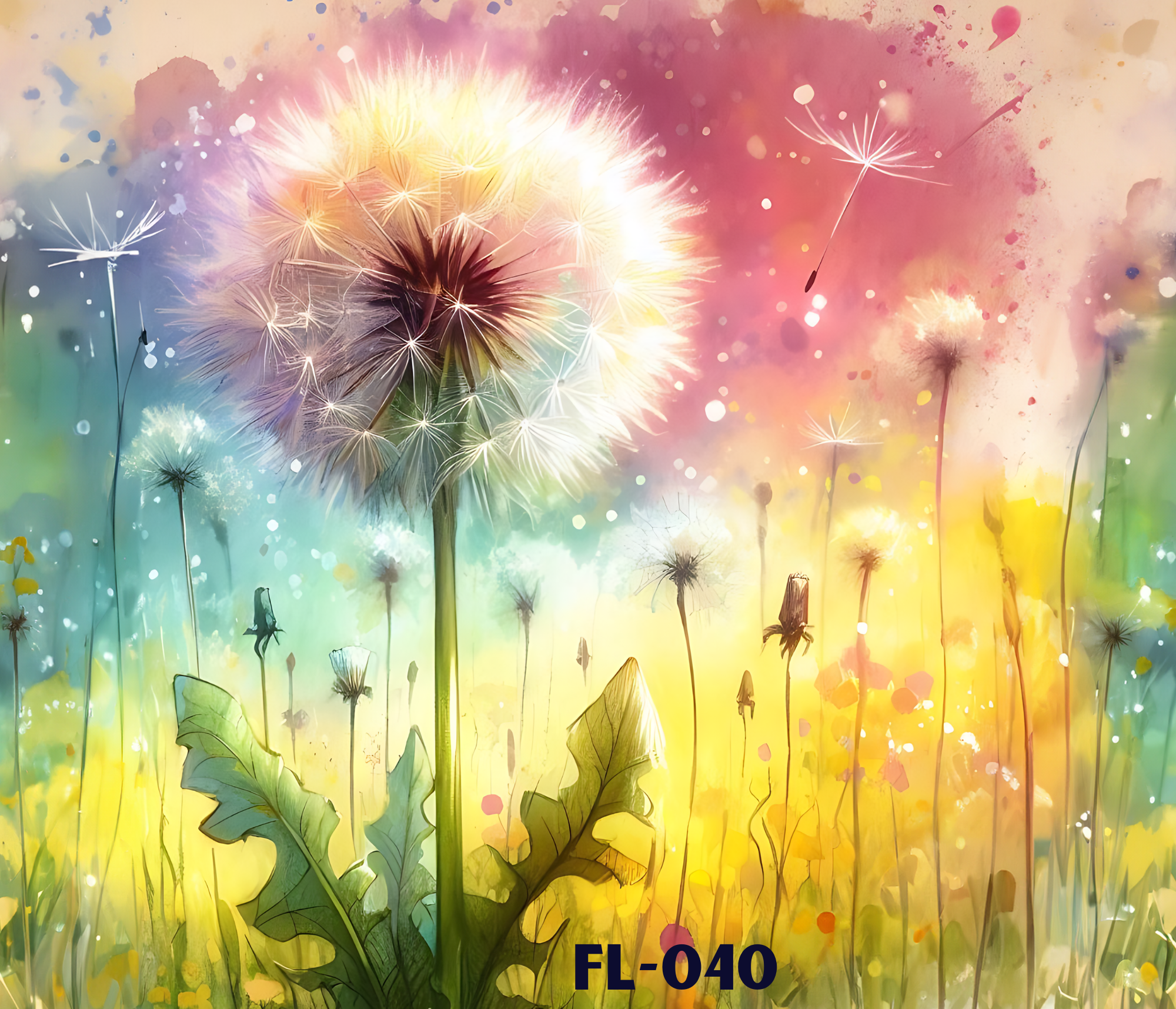 A colorful digital painting of dandelions blowing in the wind with a pink, green, yellow, and blue background and scattered confetti. The text 'FL-040' is at the bottom.