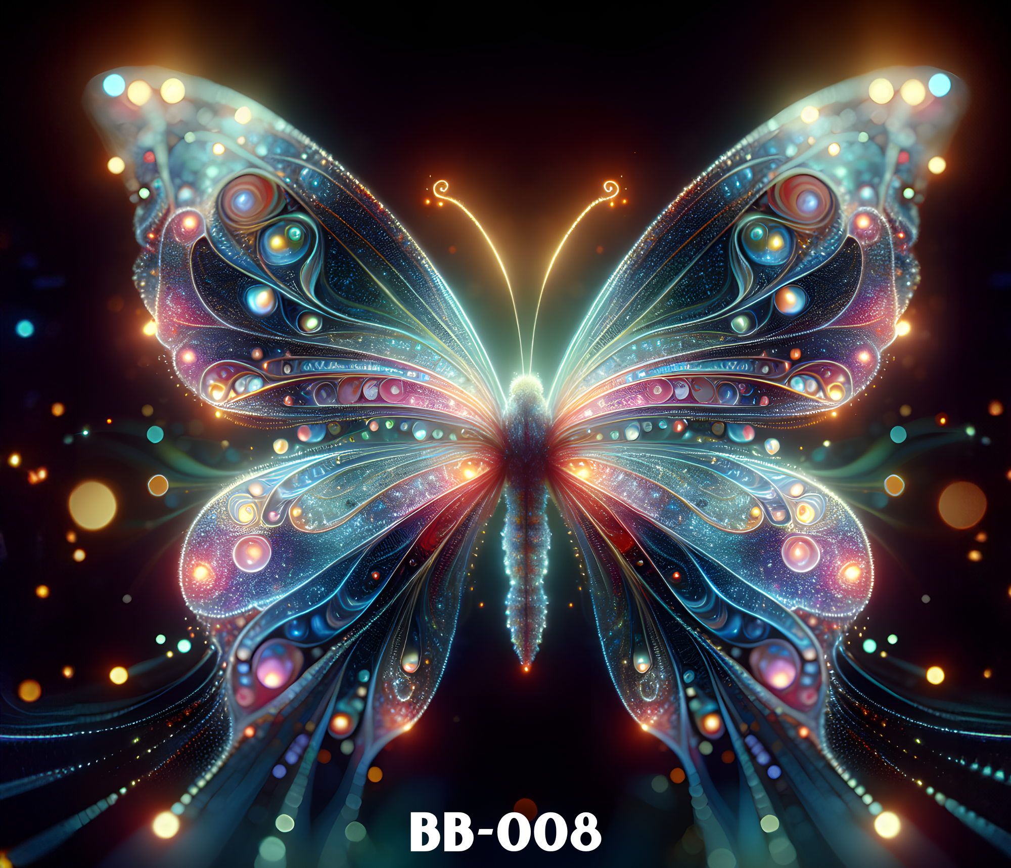 Neon-lit butterfly with glowing, swirling wing patterns against a dark background,