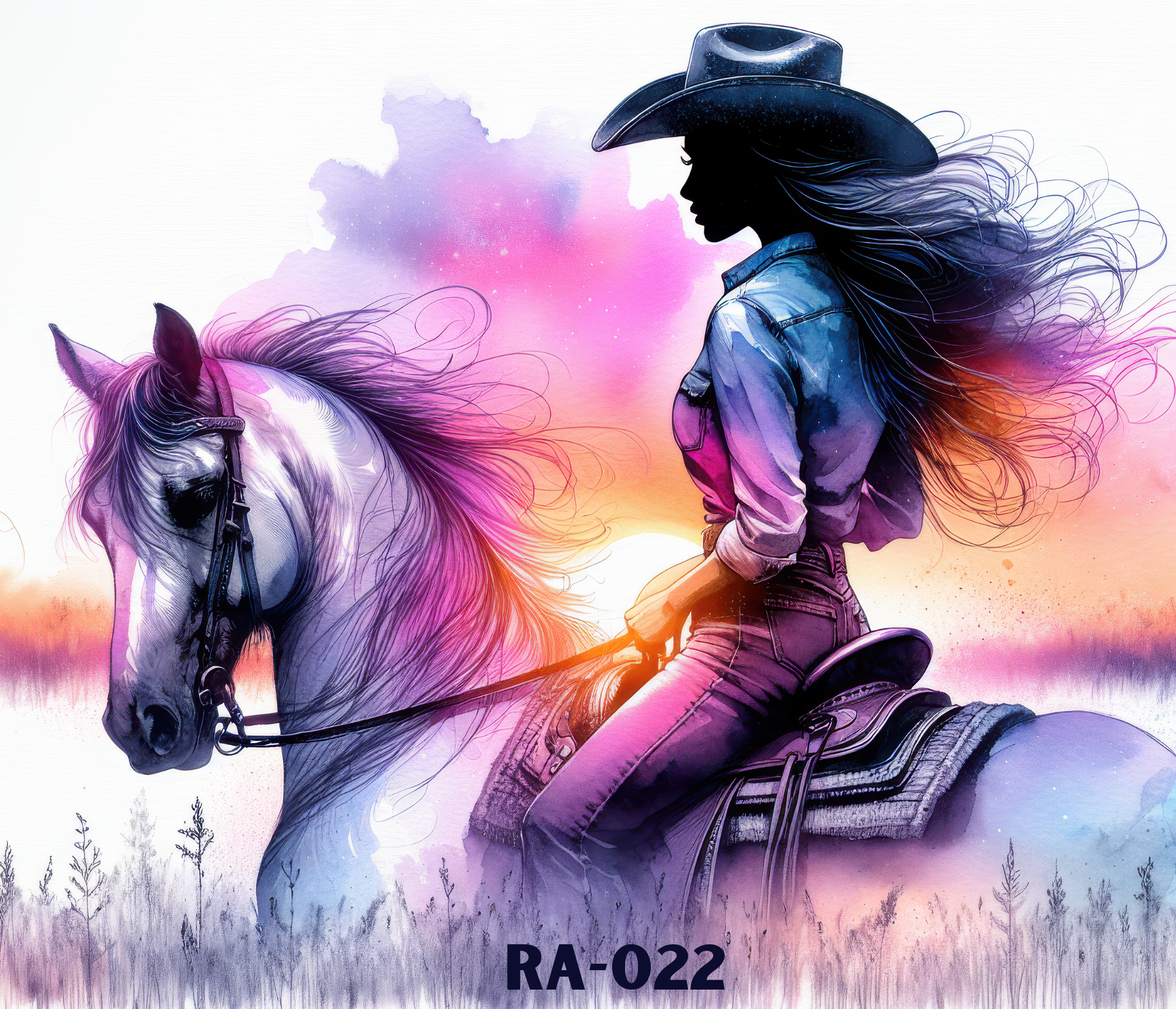 Silhouette of a woman in a cowboy hat riding a horse, with a colorful watercolor background of pink, purple, orange, and blue hues, and the text