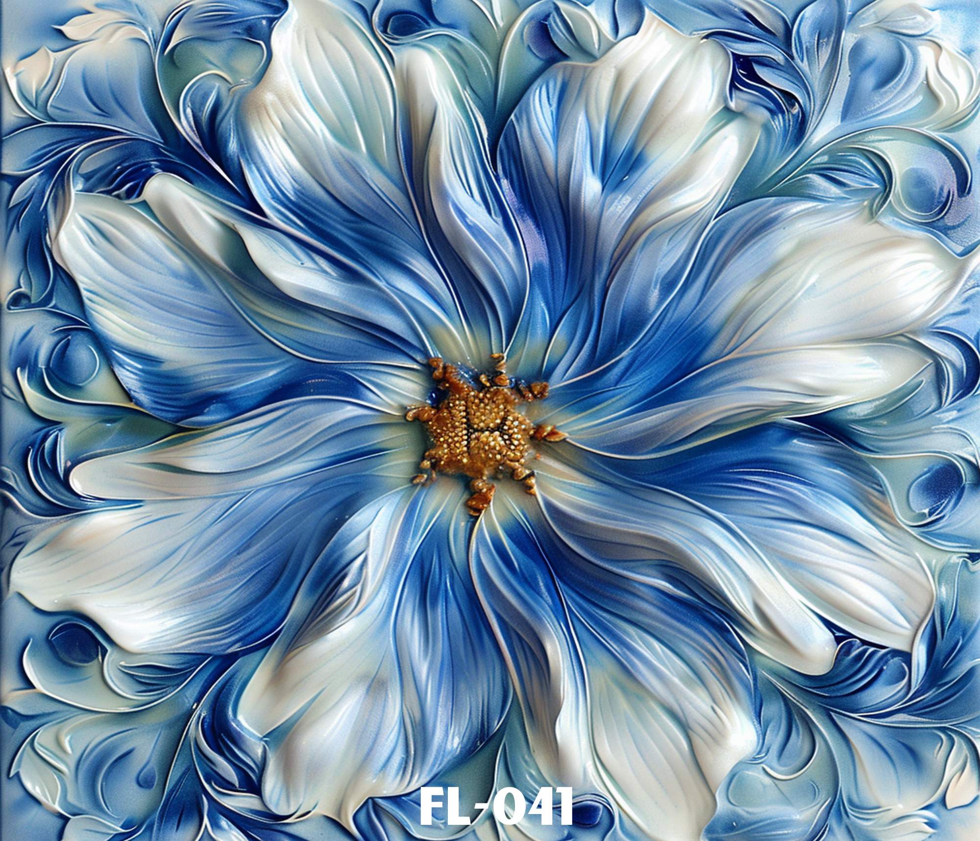 Close-up of an abstract painting with swirling shades of blue, white, and hints of green, with the text 'FL 041' at the bottom.
