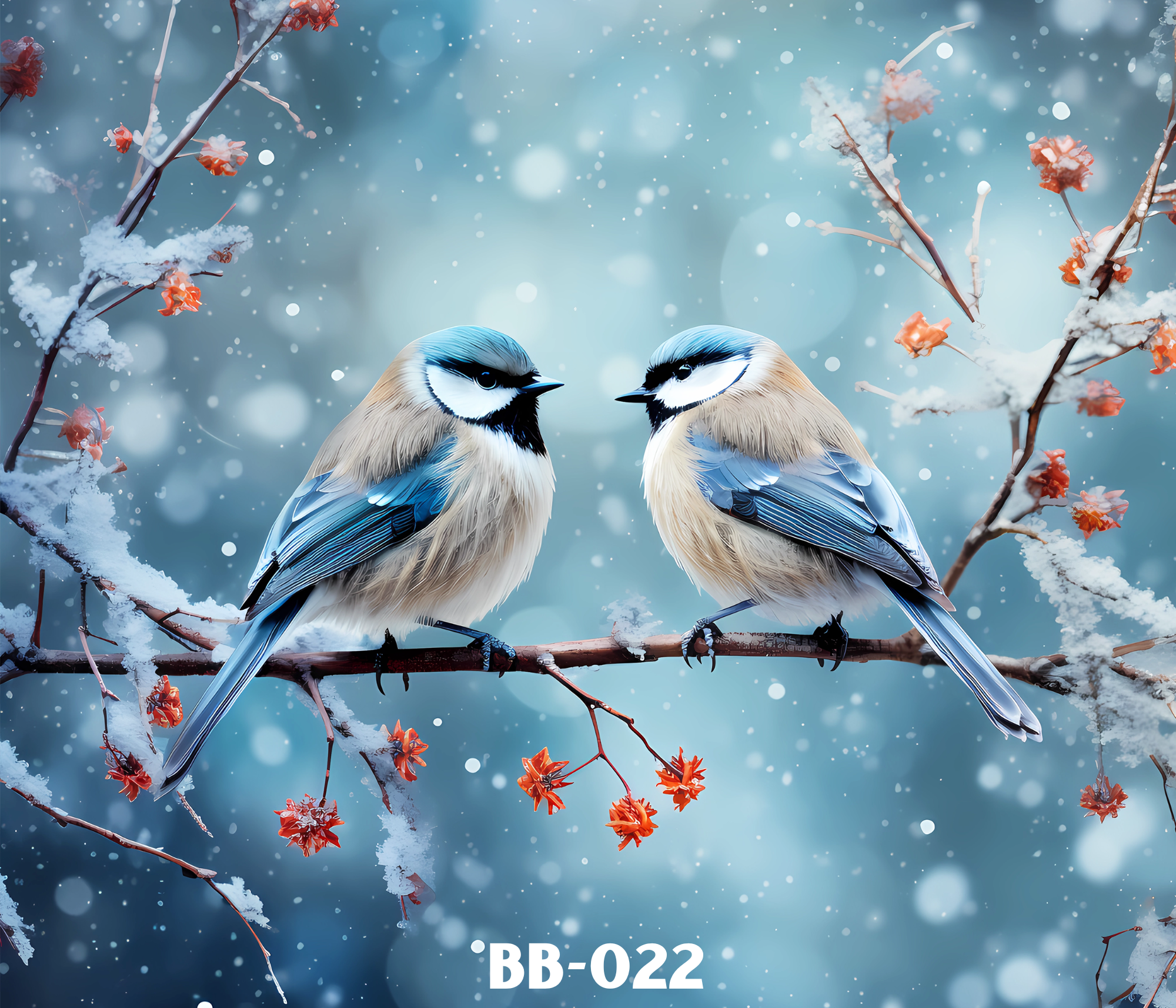 Close-up of two bluish-gray birds perched on a snow-covered branch with orange flowers, falling snowflakes, and a blue bokeh background.