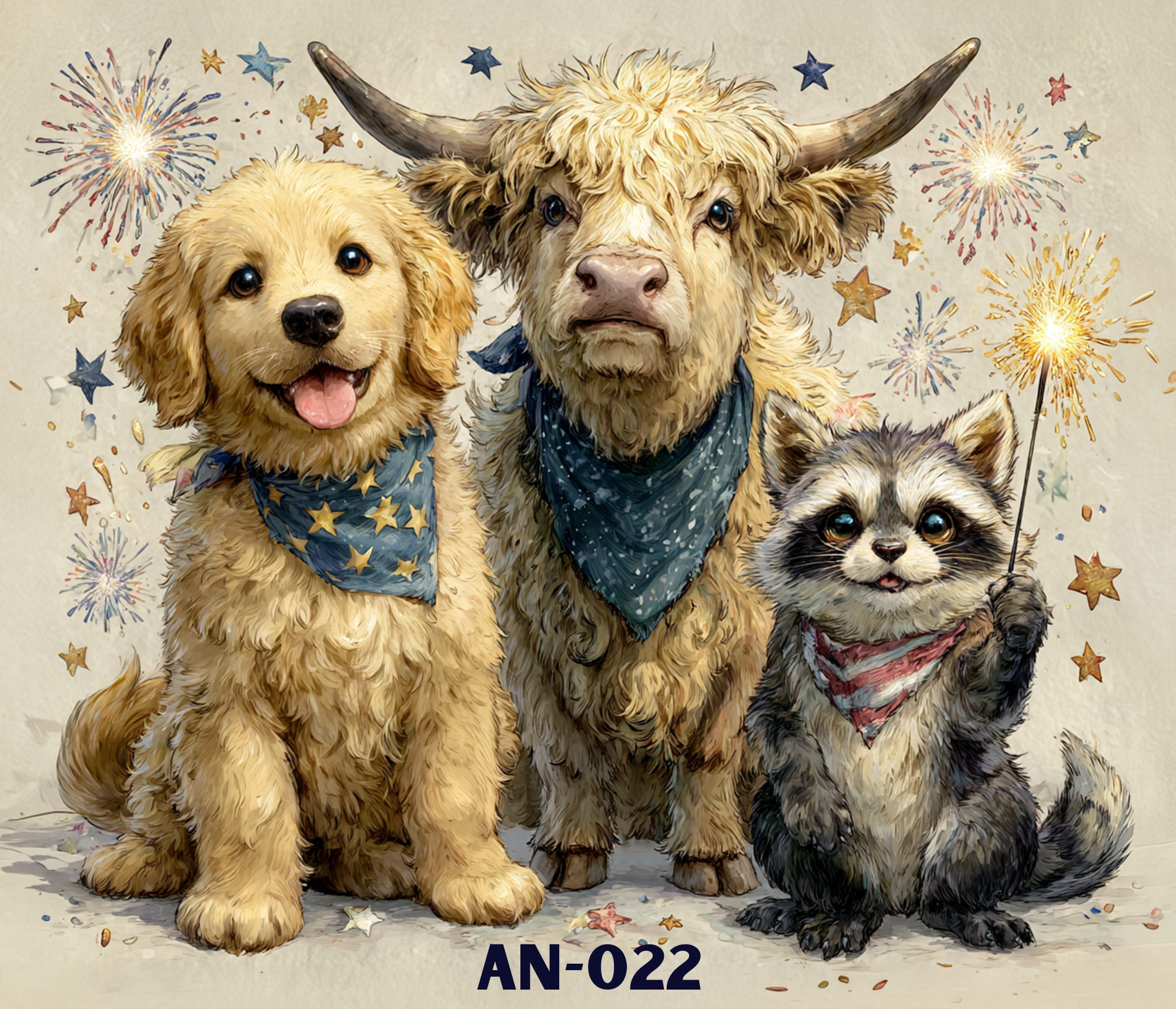 Illustration of a puppy, a dog with long hair and a donkey, all wearing blue bandanas, surrounded by fireworks and stars, celebrating