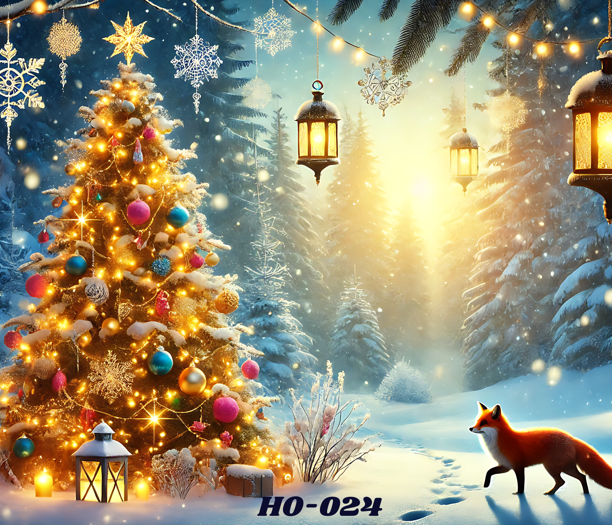 A winter scene with a decorated Christmas tree with colorful ornaments and lights, surrounded by snow-covered trees with hanging snowflake and star ornaments, two lanterns, a small house and a red fox in the snow. The sky has a warm glow, indicating sunrise or sunset.