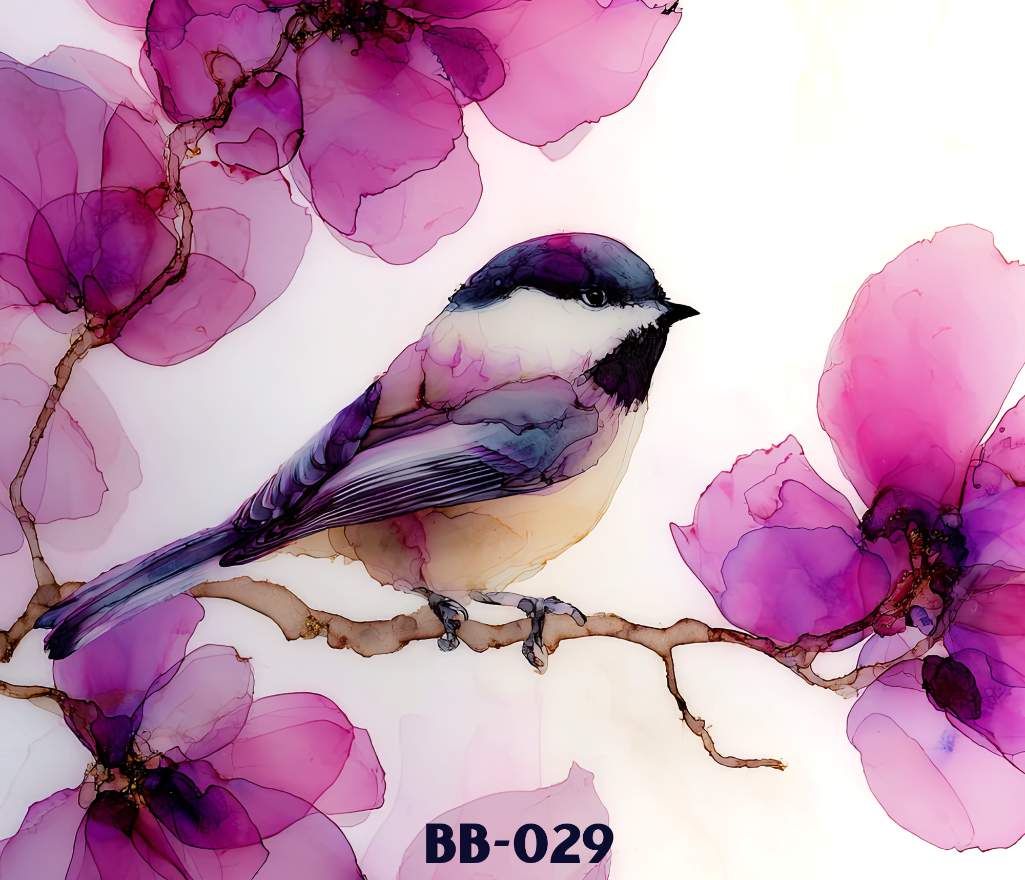 A digital illustration of a small bird, likely a chickadee, perched on a branch, surrounded by pink and purple flowers with thin gold accents, in a watercolor style.