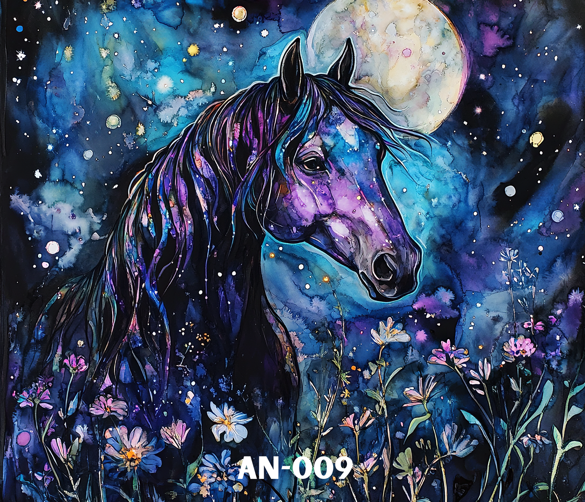 A watercolor painting of a black horse with purple and blue highlights, standing in a field of pink, purple, and white flowers under a night sky. The moon and stars are visible in the background.