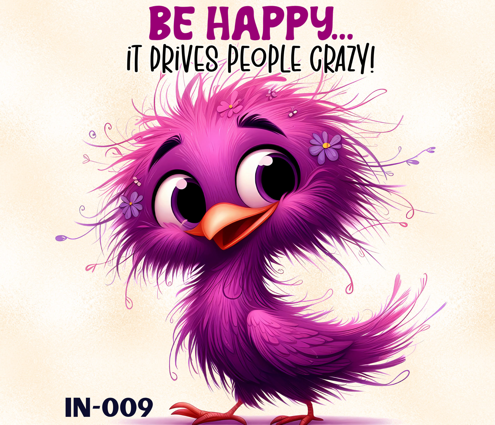 A colorful cartoon chicken with purple feathers, big eyes, and pink flowers in its feathers, standing on a white background with text above and below it.