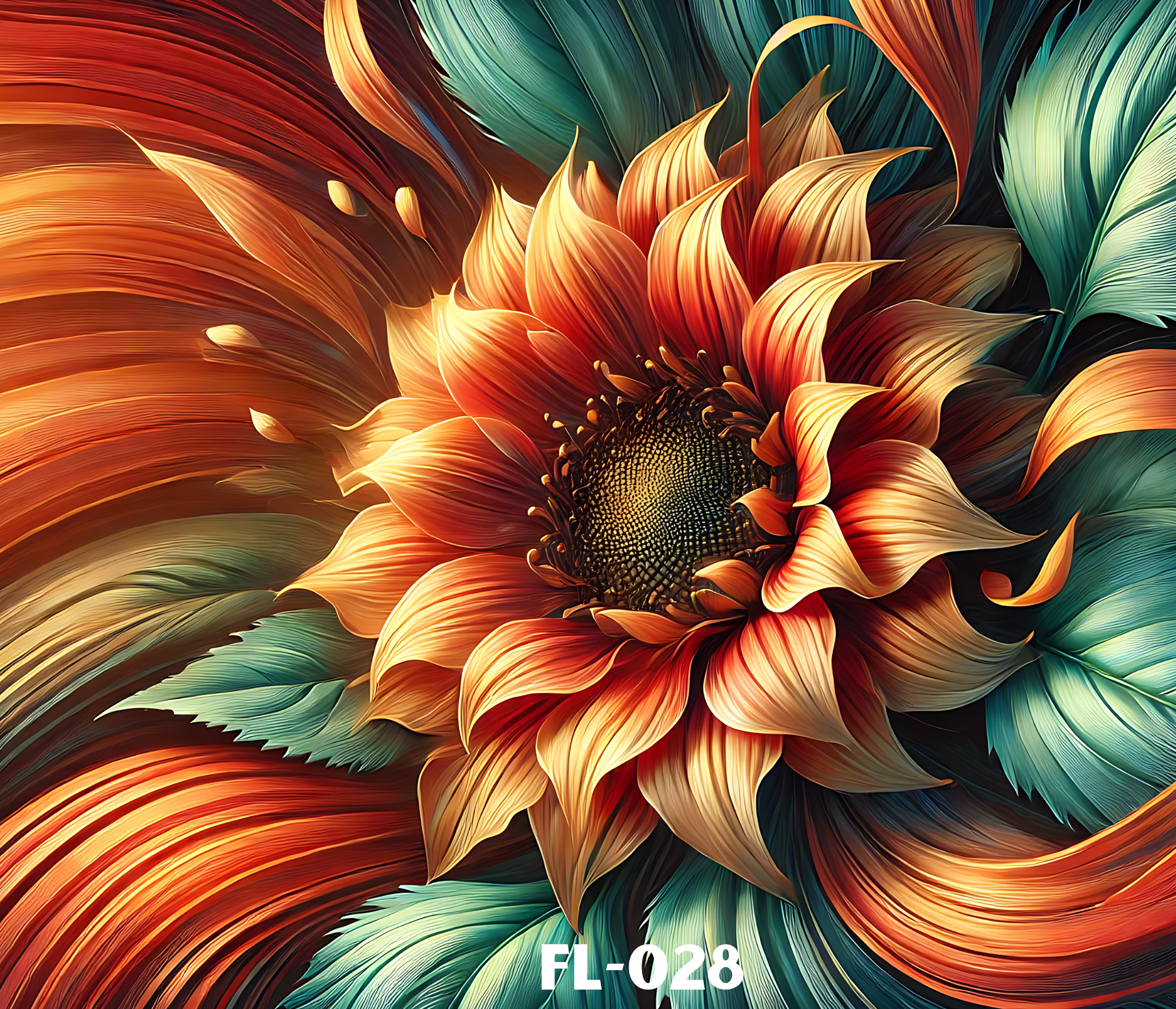 A vibrant abstract digital artwork of colorful swirling petal-like shapes in shades of orange, red, green, and black.