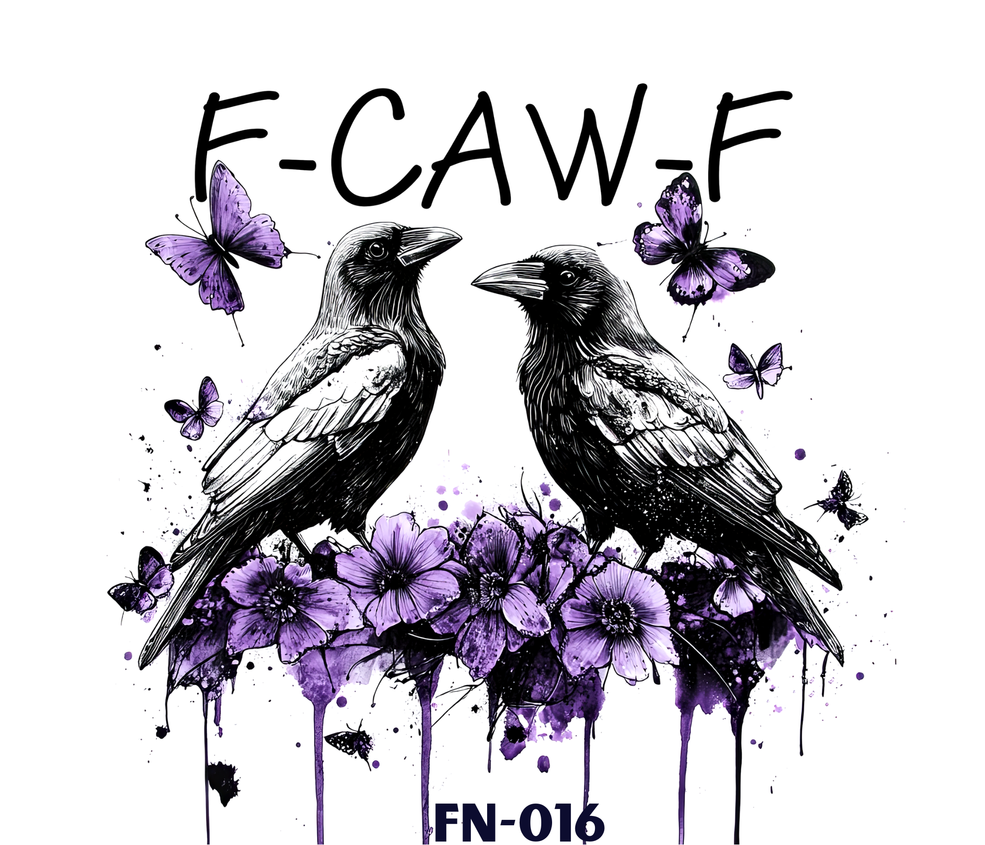 Artistic illustration of two black and white birds with purple butterfly accents and purple flowers, with text reading 'E-Caw-E'