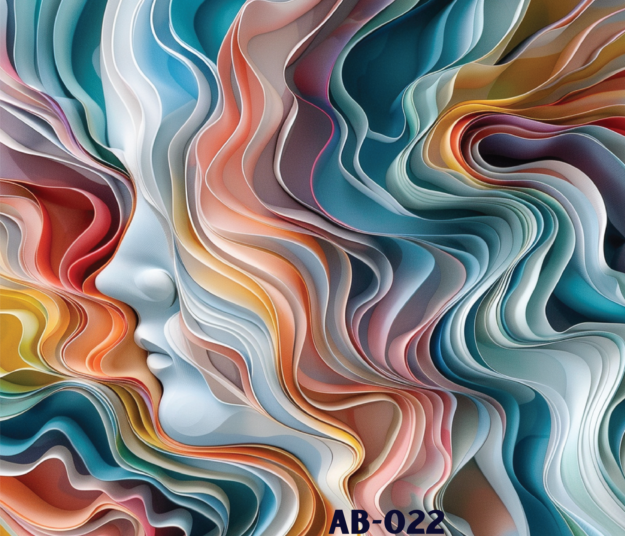 An abstract artwork featuring wavy, multicolored paper-like layers in shades of blue, gray, pink, orange, yellow, and purple. The layers create a flowing, textured pattern. Text at the bottom right reads 'AB-022' in bold black font.
