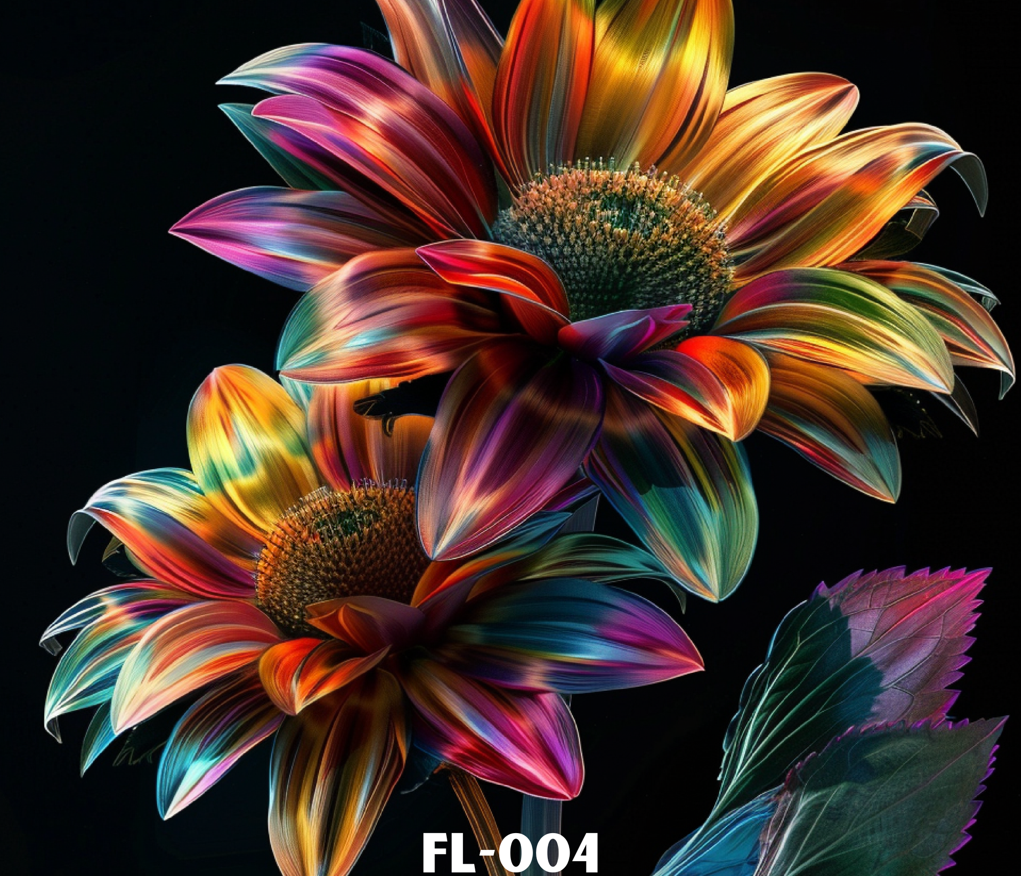 A colorful, abstract flower with petals in shades of pink, purple, orange, yellow, and blue, set against a black background.