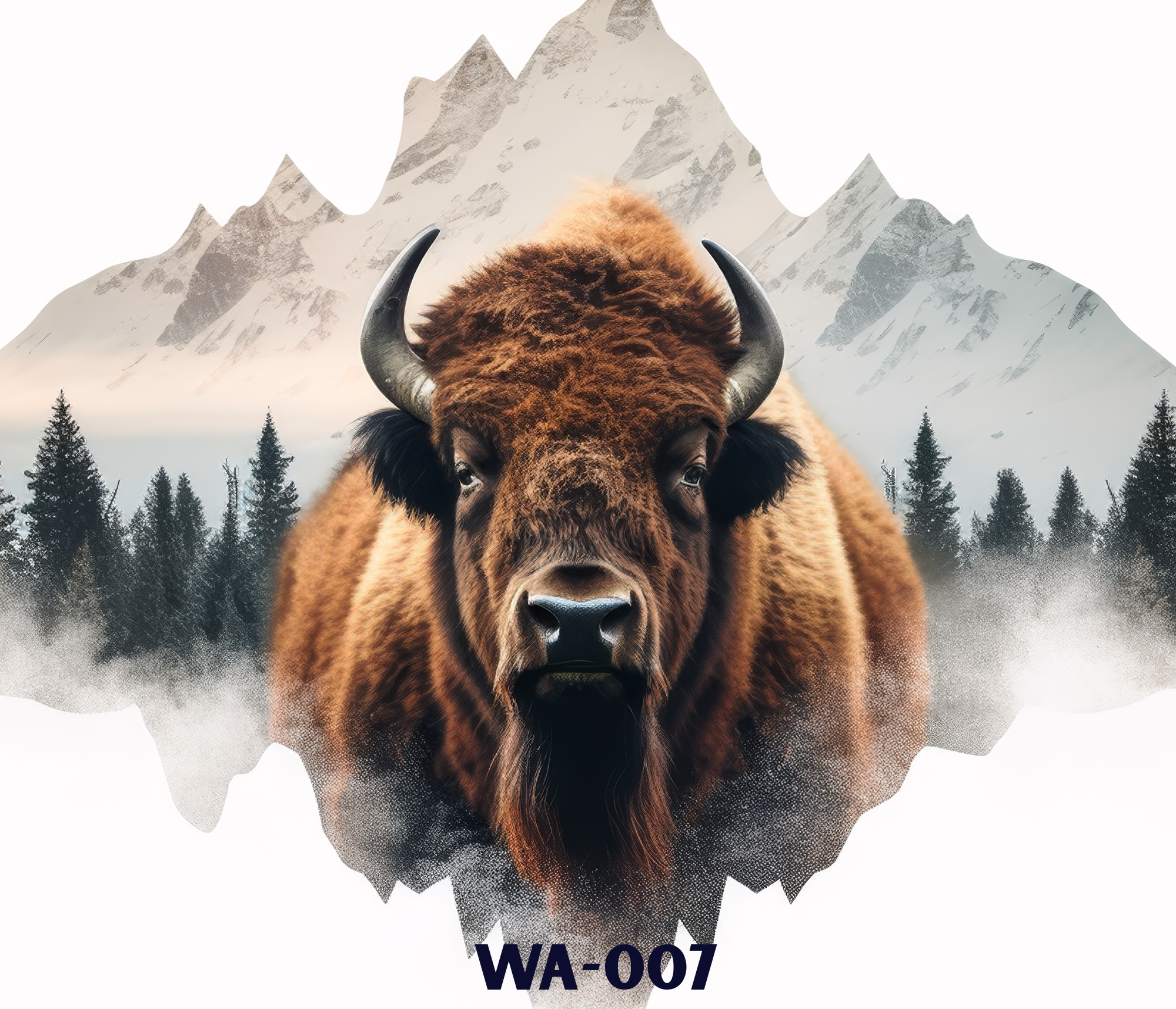 Close-up of a bison with mountains and trees in the background,