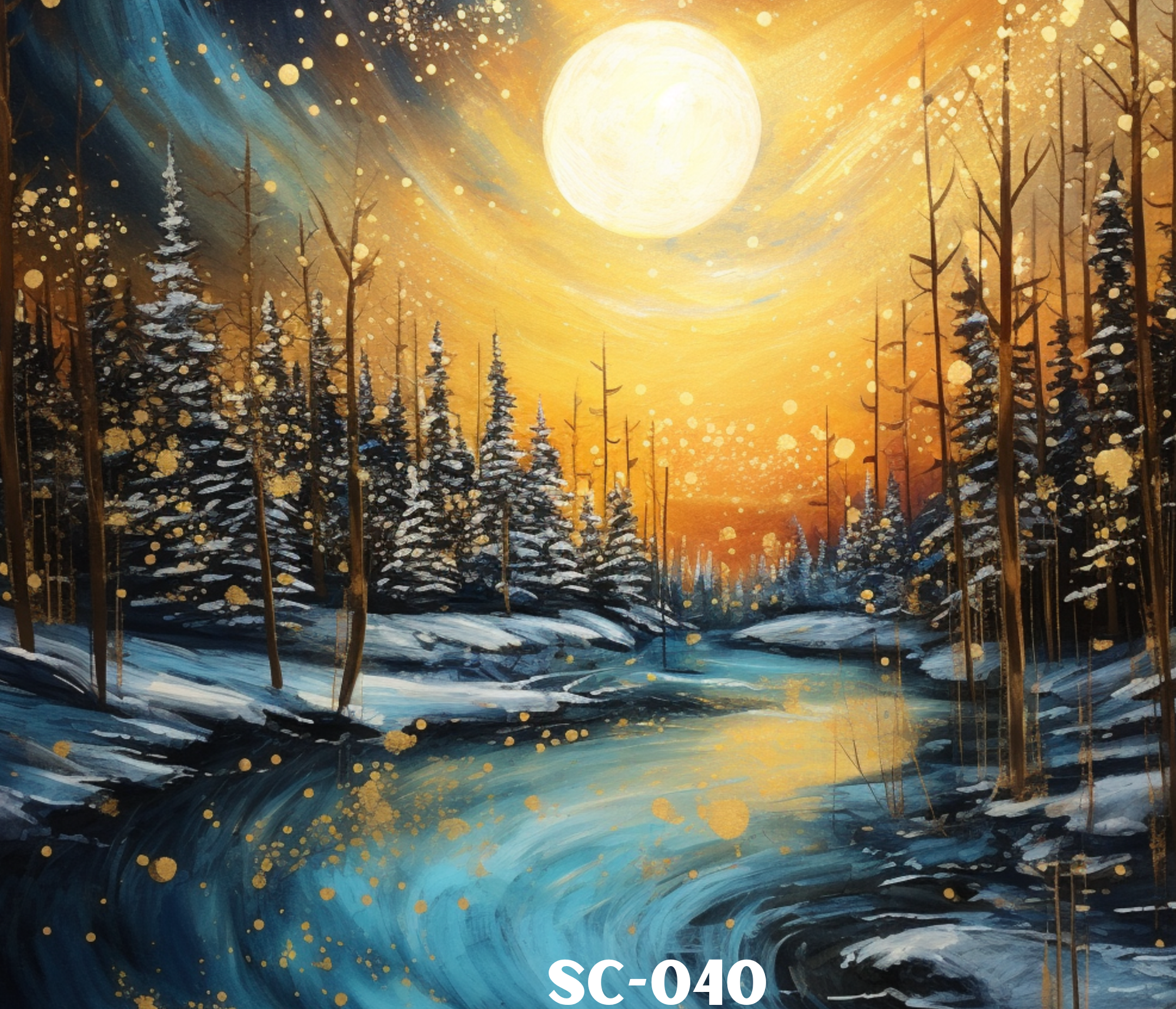 A painting of a large full moon over a forest of snow-covered pine trees, with a snowy landscape and swirling sky with yellow and blue hues, and golden dots scattered throughout.
