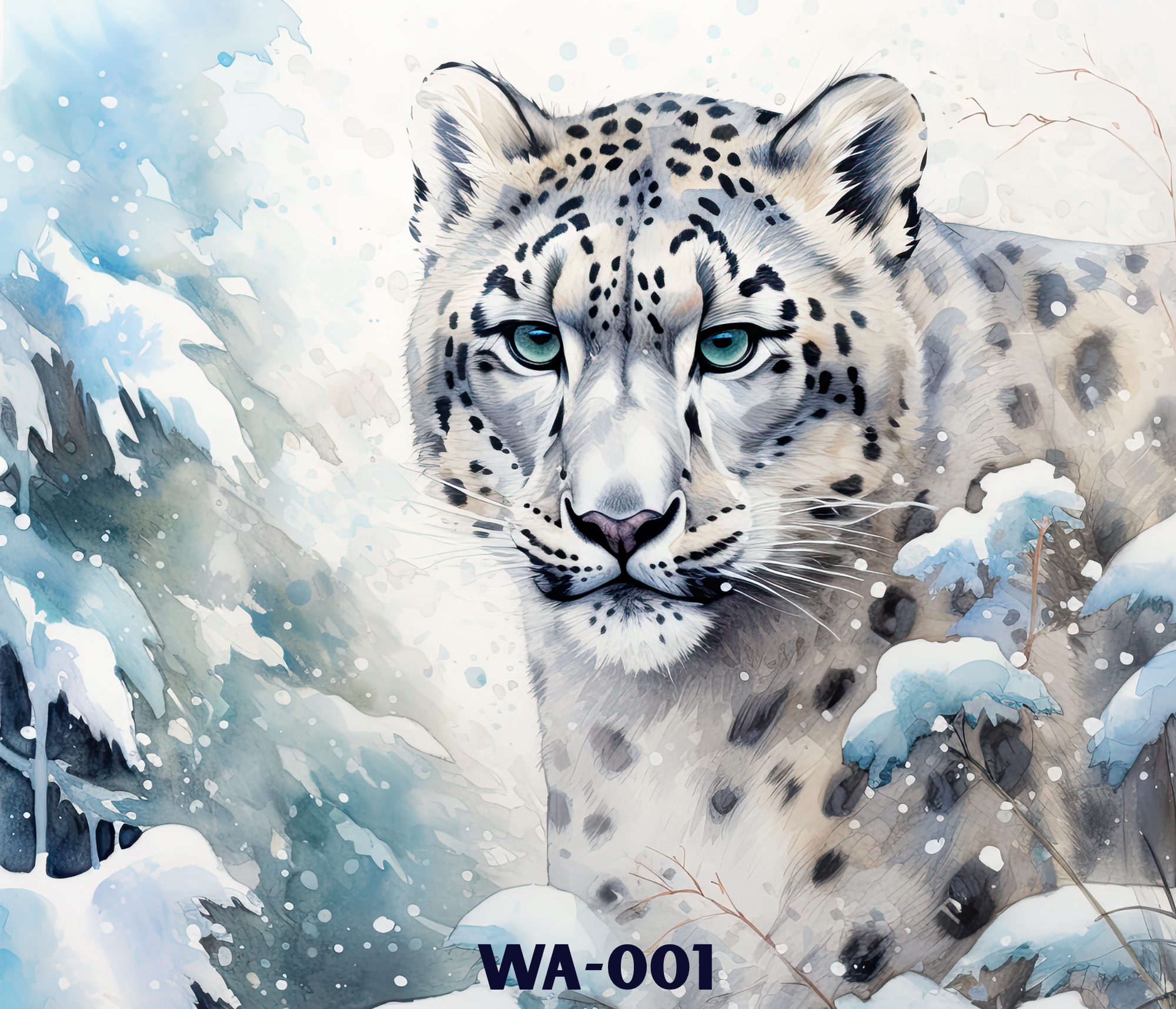 A digital painting of a snowy white snow leopard with piercing blue eyes, surrounded by snow and frosty trees,