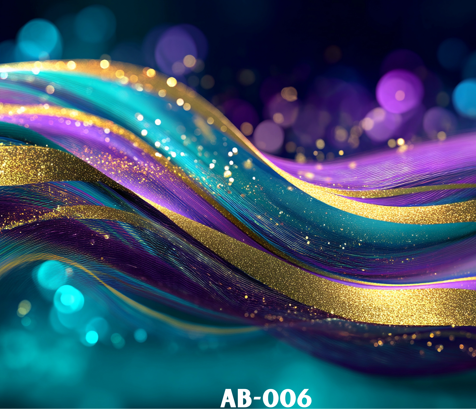 Abstract digital artwork with colorful flowing lines and circular bokeh lights in purple, blue, cyan, gold, and yellow shades. Contains the text 'AB-006' at the bottom.