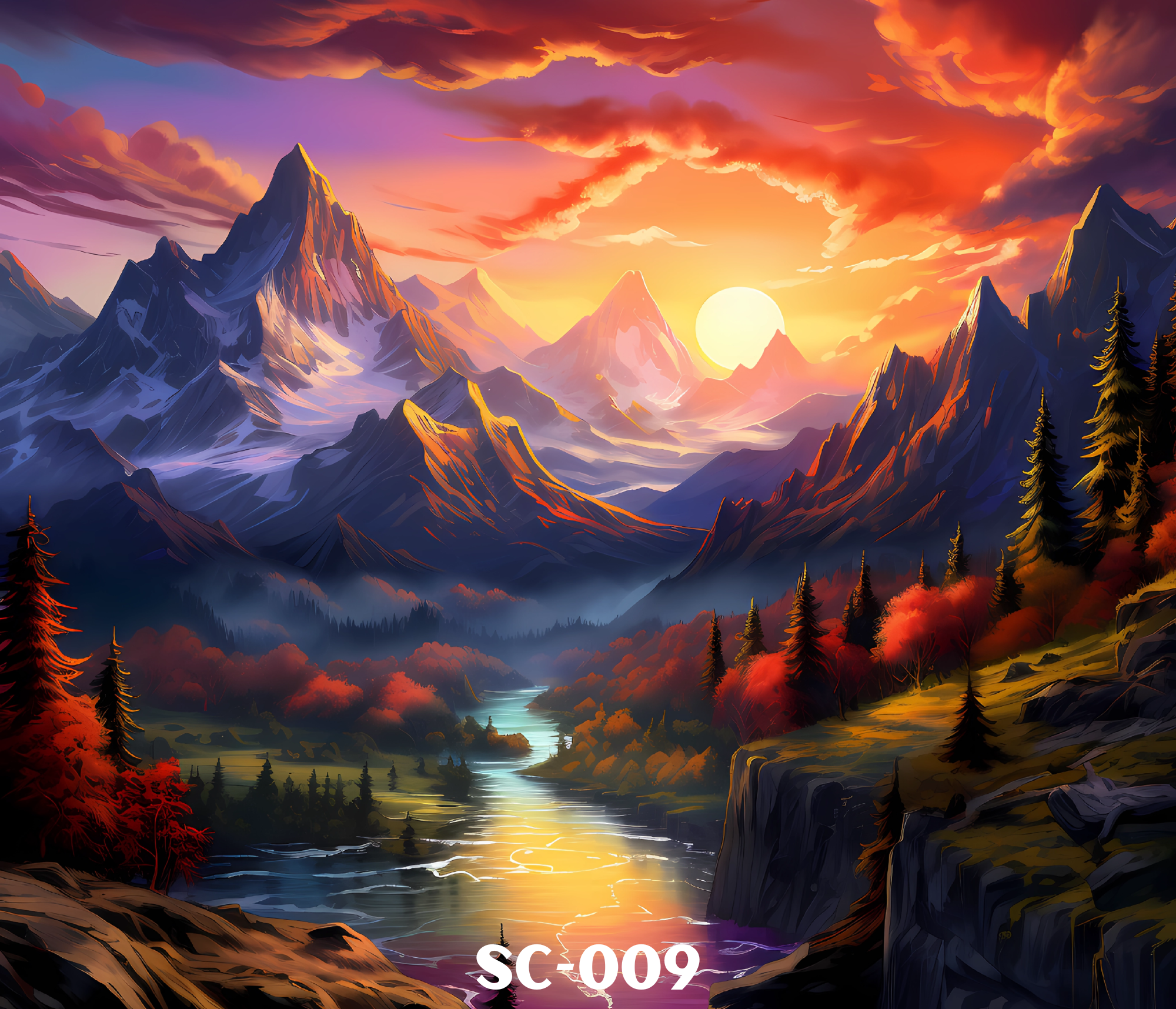 A digital painting of a mountain landscape at sunset with vibrant orange, purple, and pink hues in the sky, tall jagged mountains, a flowing river, and trees with red and green foliage.