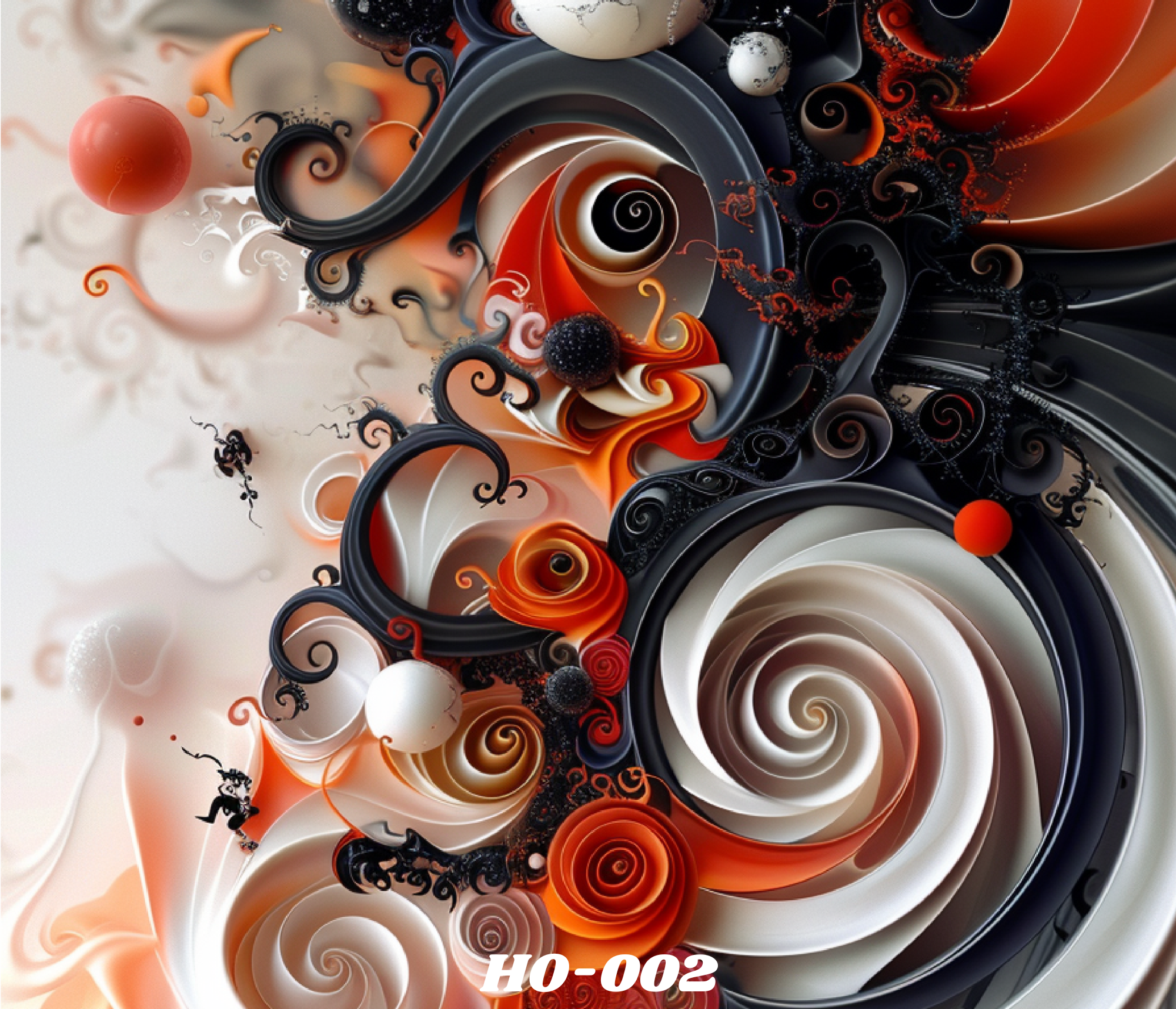 Abstract digital artwork featuring swirling shapes and spiral patterns in black, white, orange, and beige tones, with small spherical elements and decorative accents.