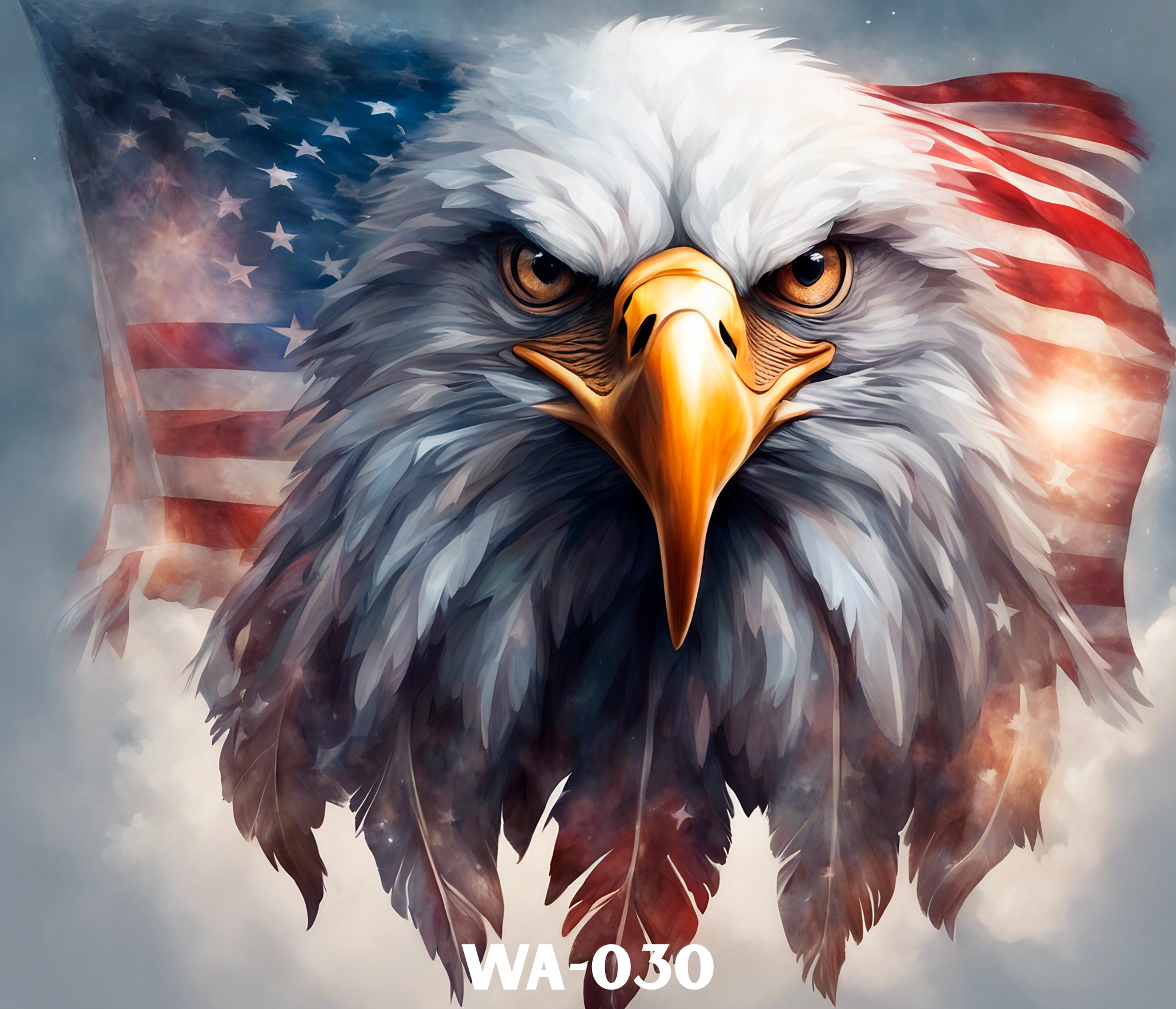 A digital illustration of a bald eagle's face with an American flag waving behind it.
