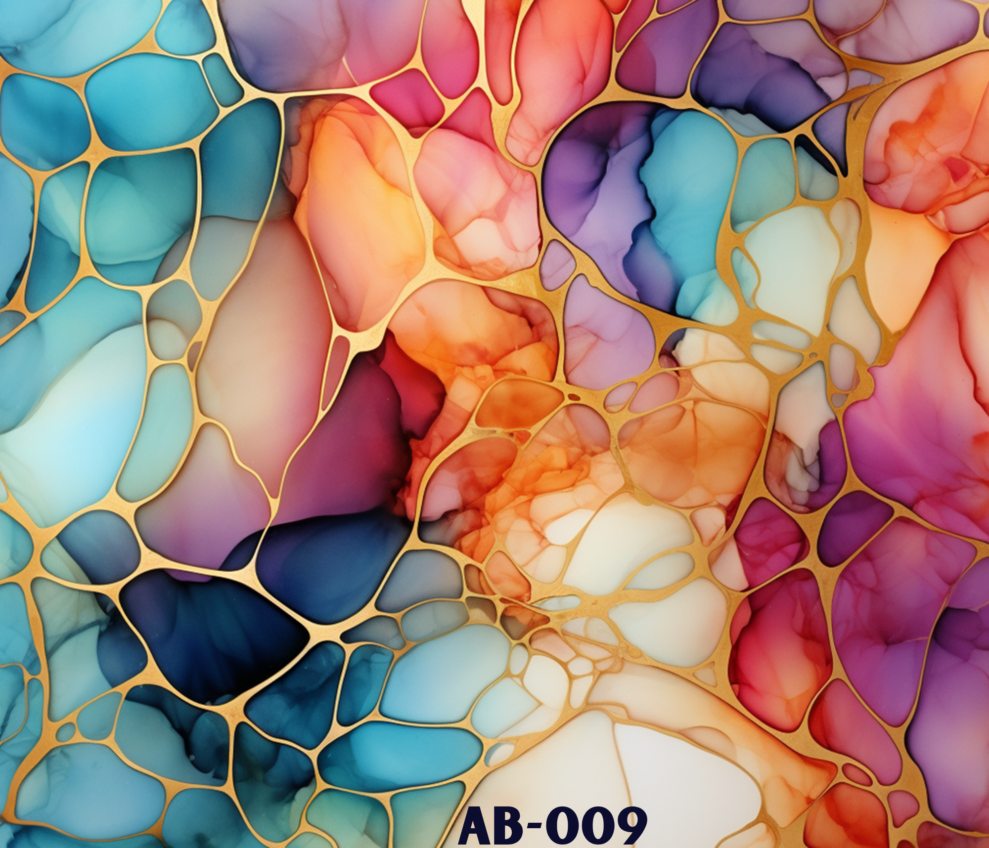 Colorful abstract pattern with a mix of pink, purple, blue, orange, cream, and black shapes outlined with gold lines. The shapes are irregular and resemble flowing liquid or ink blots. There is a partial text at the bottom right corner reading 'AB-009'.