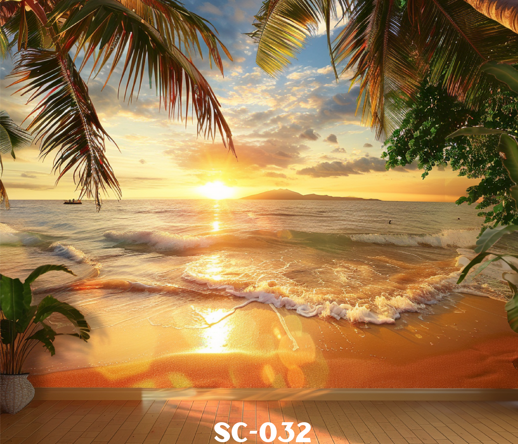 A beach scene at sunset with palm trees framing the view, a boat on the water, and an island in the distance. The sky is partly cloudy with warm colors from the setting sun.