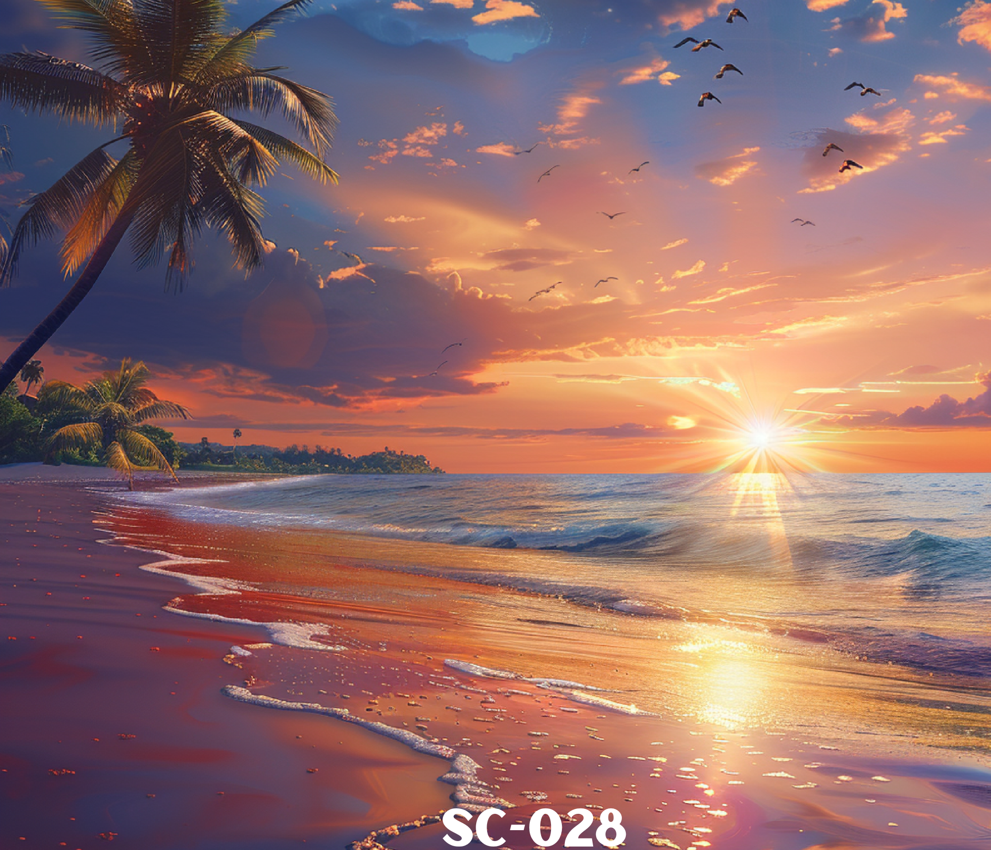 A tropical beach scene at sunset with a palm tree on the left, colorful sky with clouds and birds flying, and the golden sun near the horizon reflecting on the water.