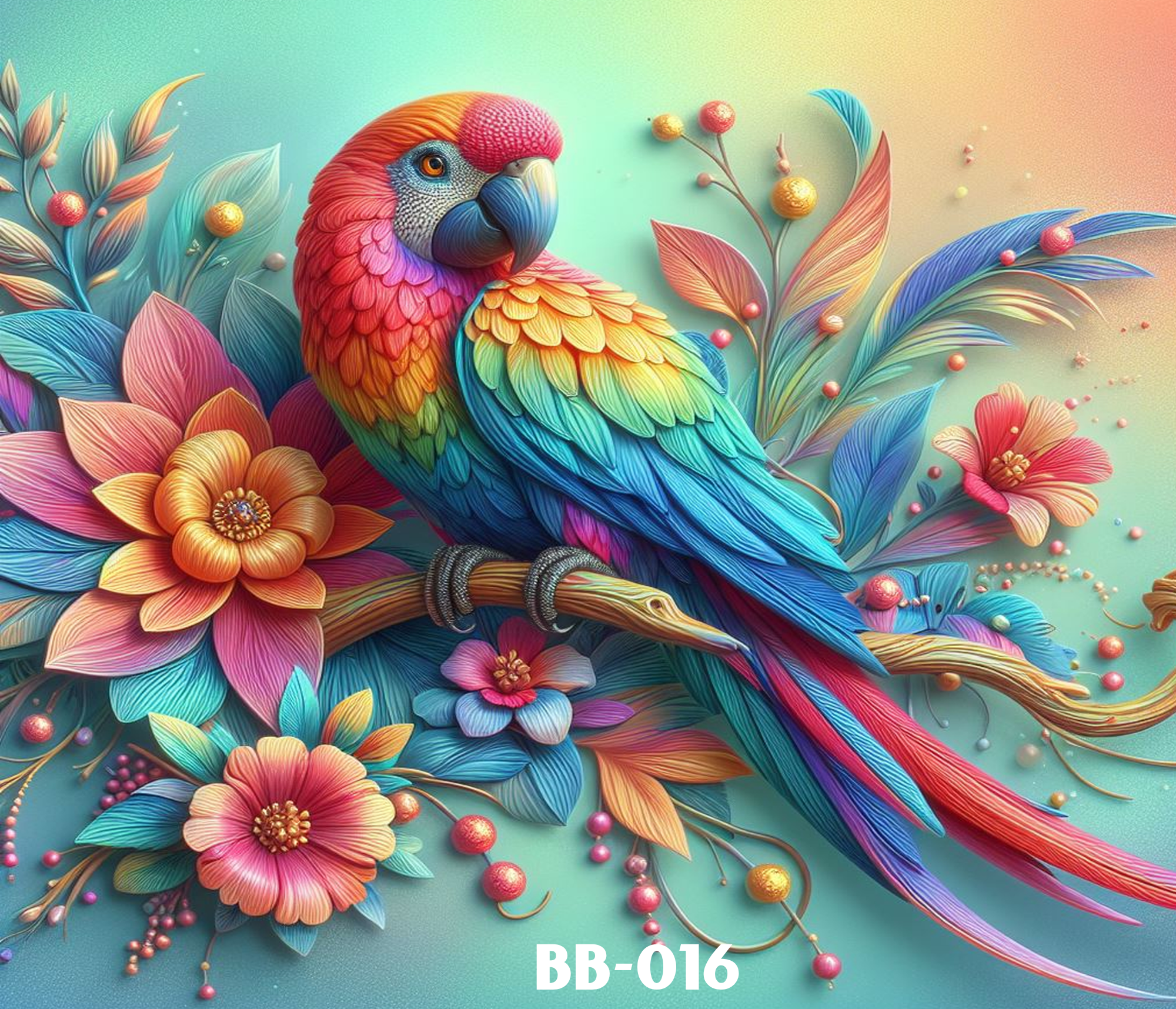 Colorful digital artwork of a parrot surrounded by flowers and leaves with a pastel mint green background. The art is vibrant with detailed textures and a fantasy style.