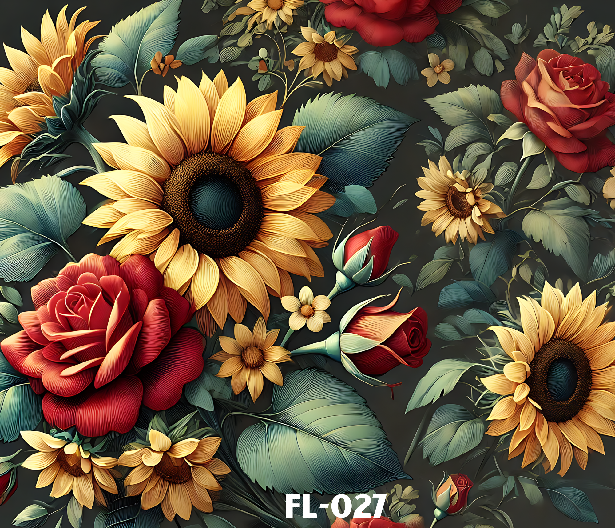 Colorful botanical illustration featuring large sunflowers, red roses, and various green leaves on a dark background. The text 'FL-027' appears in the bottom right corner.