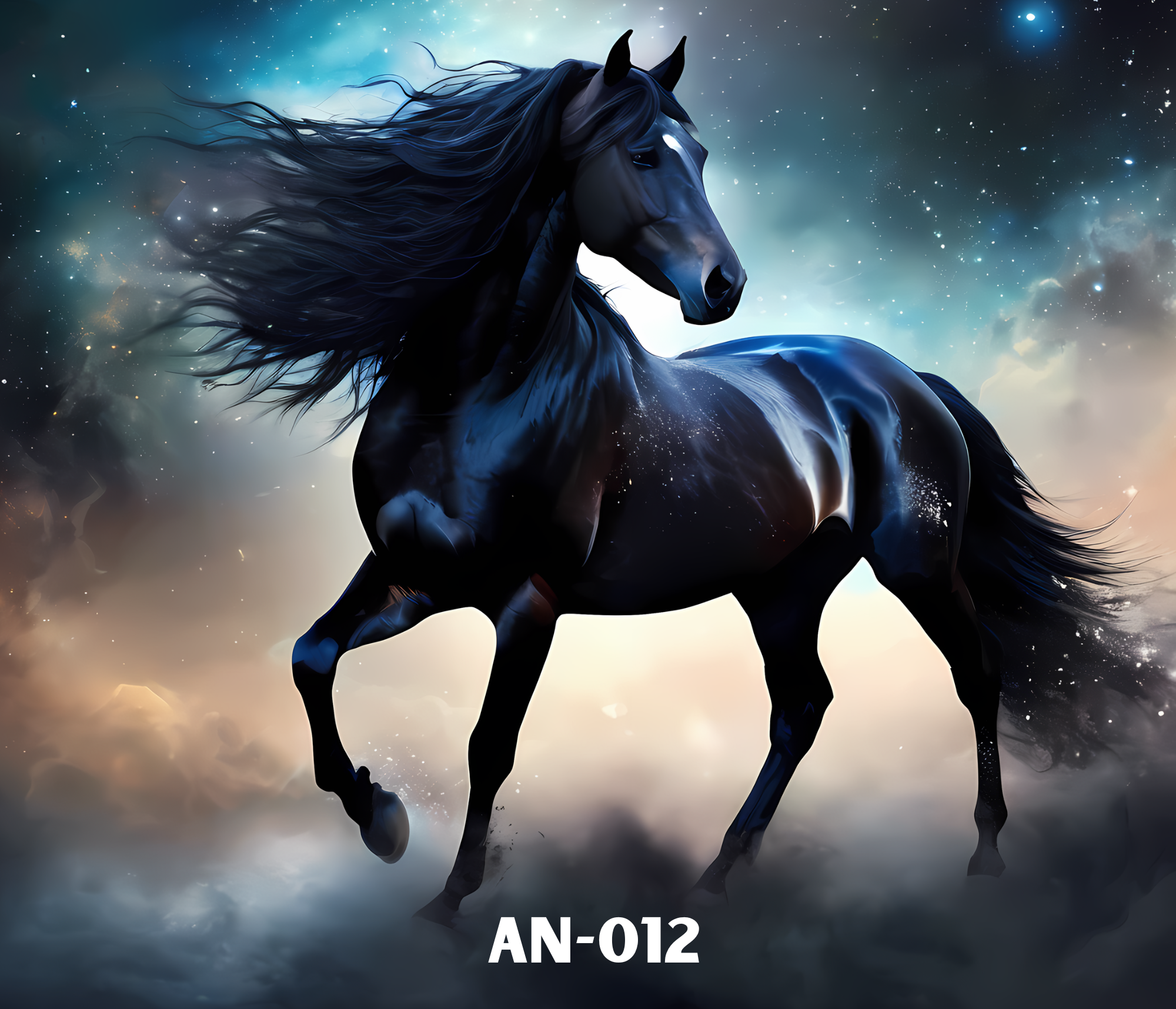 A digital illustration of a black horse with flowing mane and tail, set against a cosmic background with stars and nebulae. The horse appears majestic and powerful, with shiny reflections on its body and a determined stance.