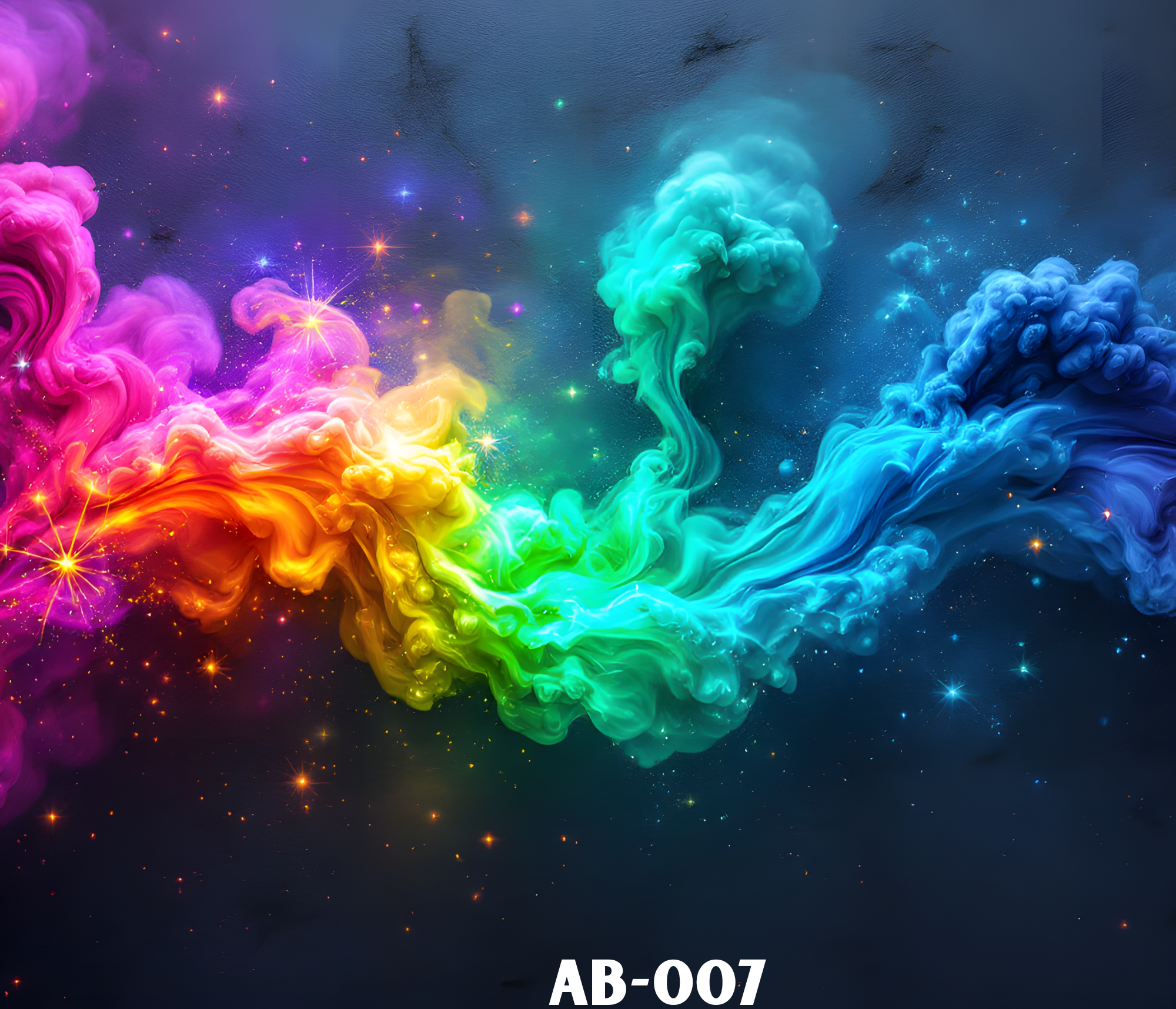 Colorful smoke clouds in pink, yellow, green, blue, and purple, with stars and sparkles on a dark background, with the text 'AB-007' at the bottom.