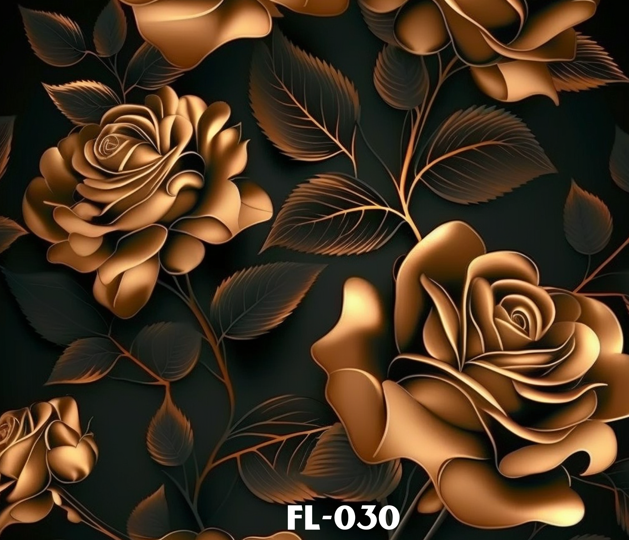 Gold and copper-colored floral wallpaper with roses and leaves, labeled 'FL-030'