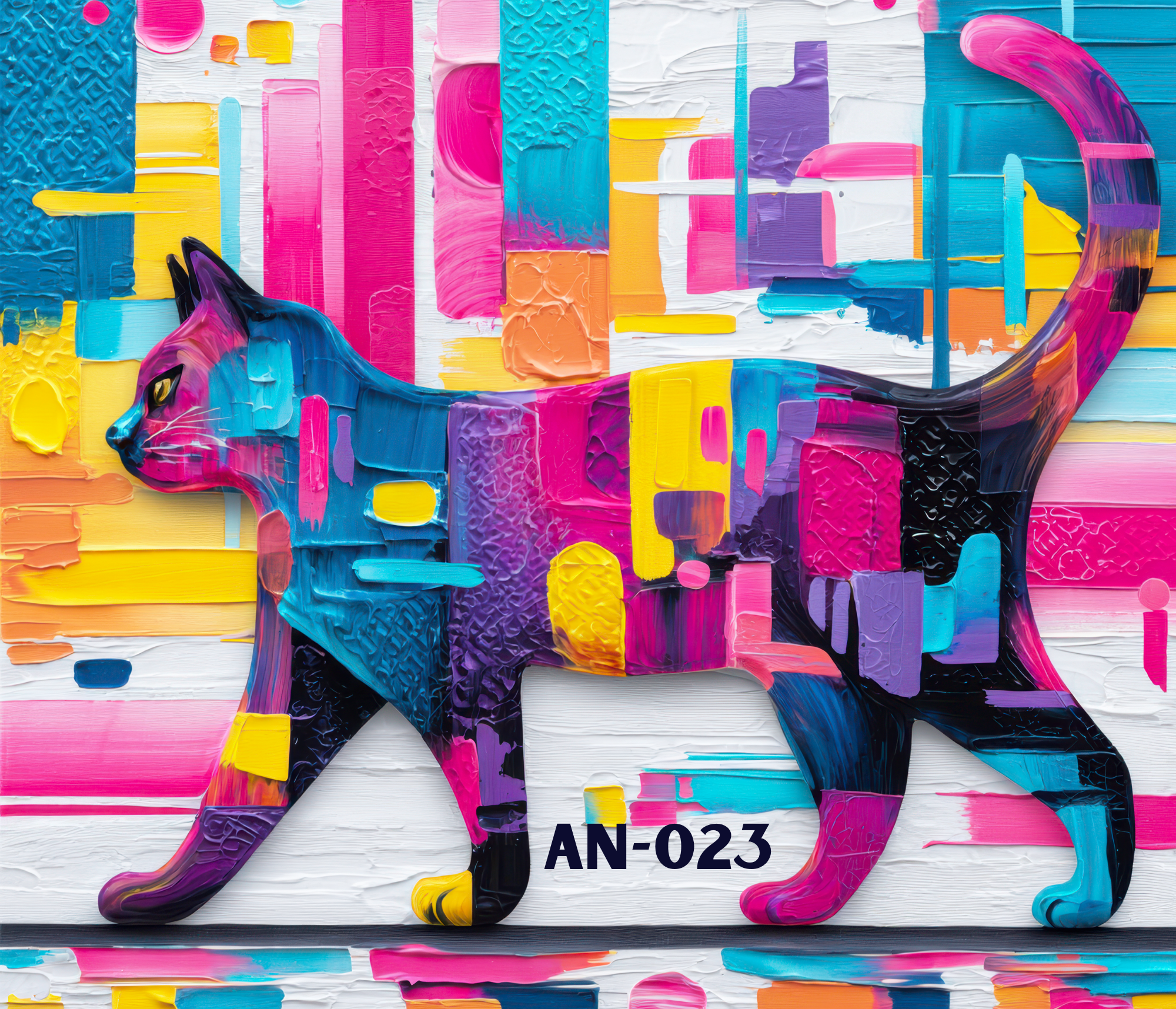 Close-up of colorful abstract paint strokes forming the silhouette of a running cat.
