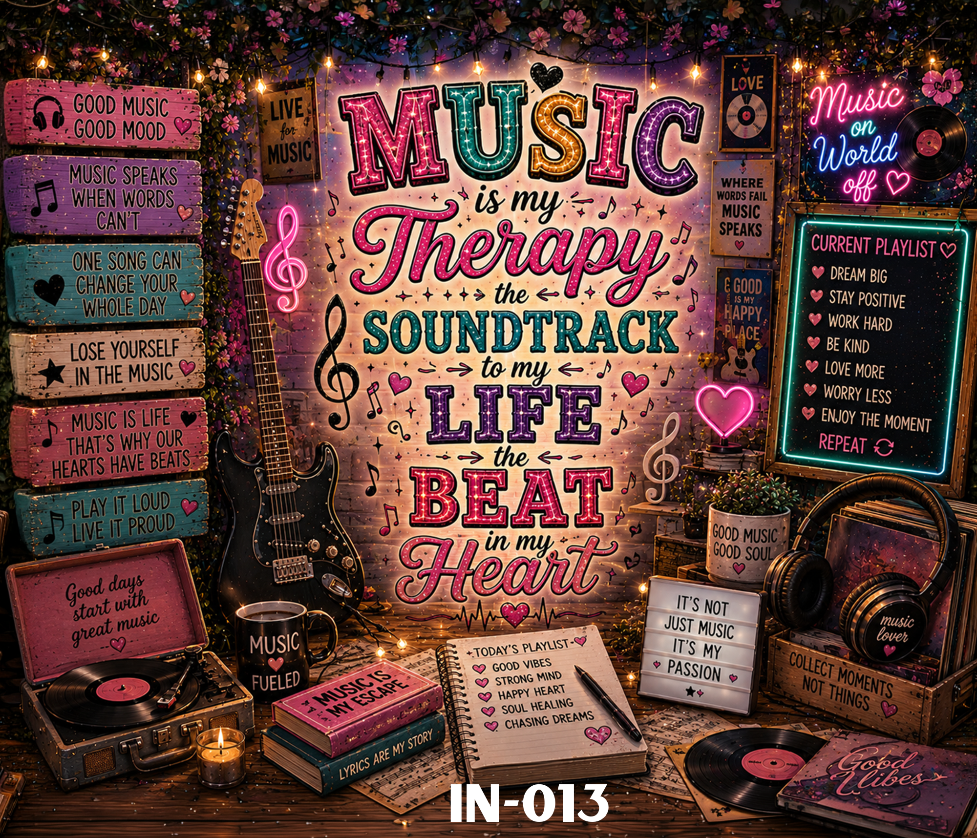 A colorful music-themed display with neon signs, wooden panels with music quotes, vinyl records, a guitar, a playlist book, candles, and decorative lights. The main sign reads, "Music is my therapy, the soundtrack to my life."