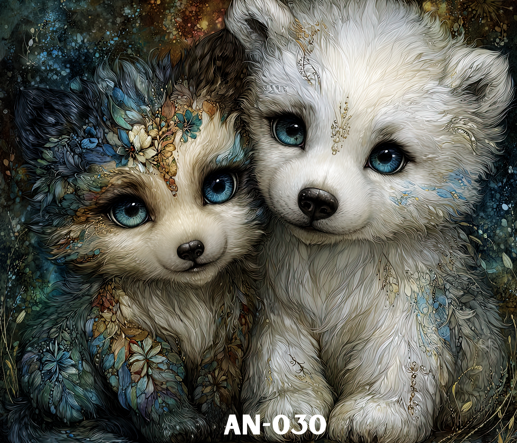Digital artwork of a puppy with blue eyes surrounded by leaves and abstract patterns in dark and vibrant colors.