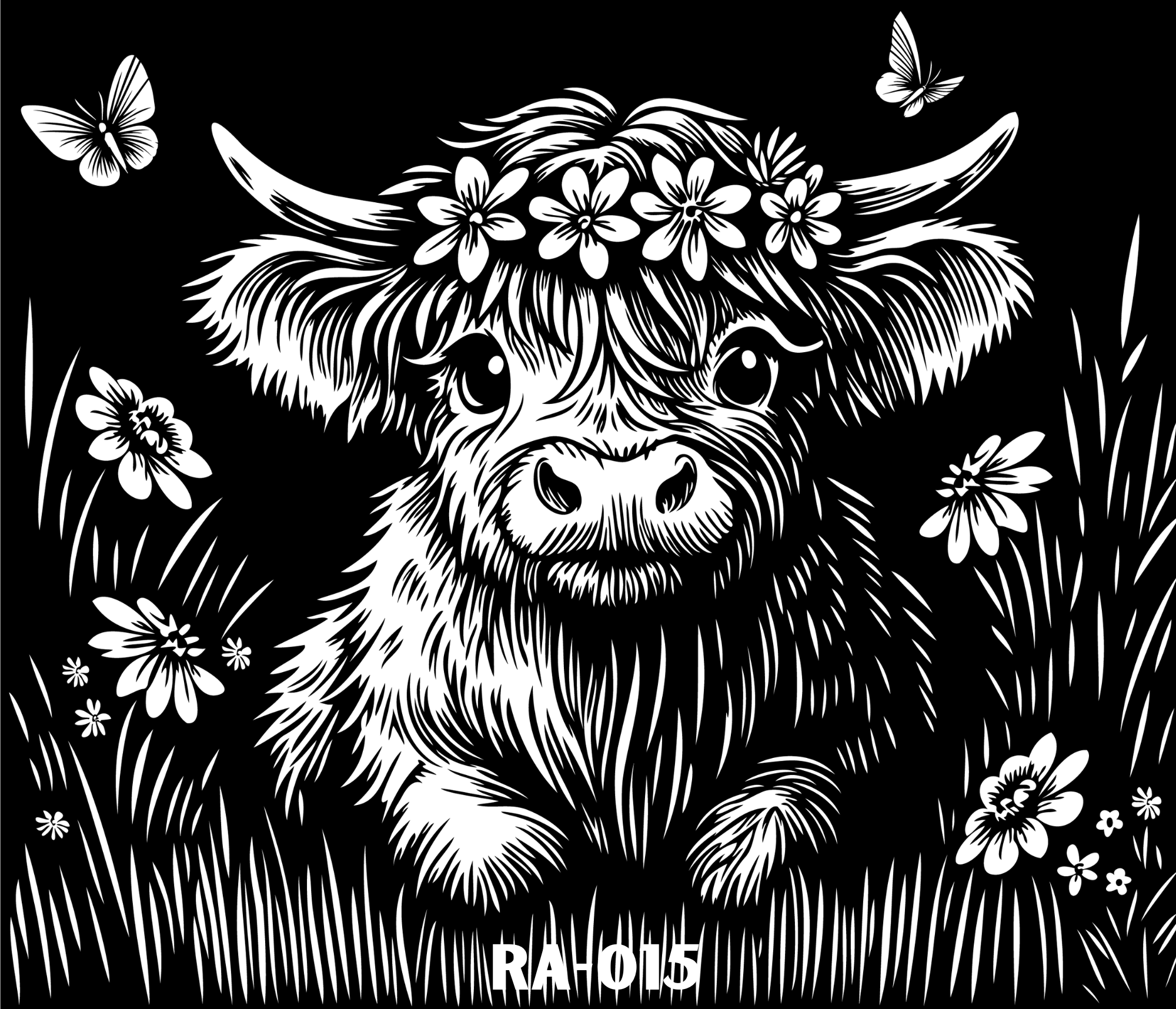 A black and white illustration of a highland cow's face surrounded by flowers and butterflies,
