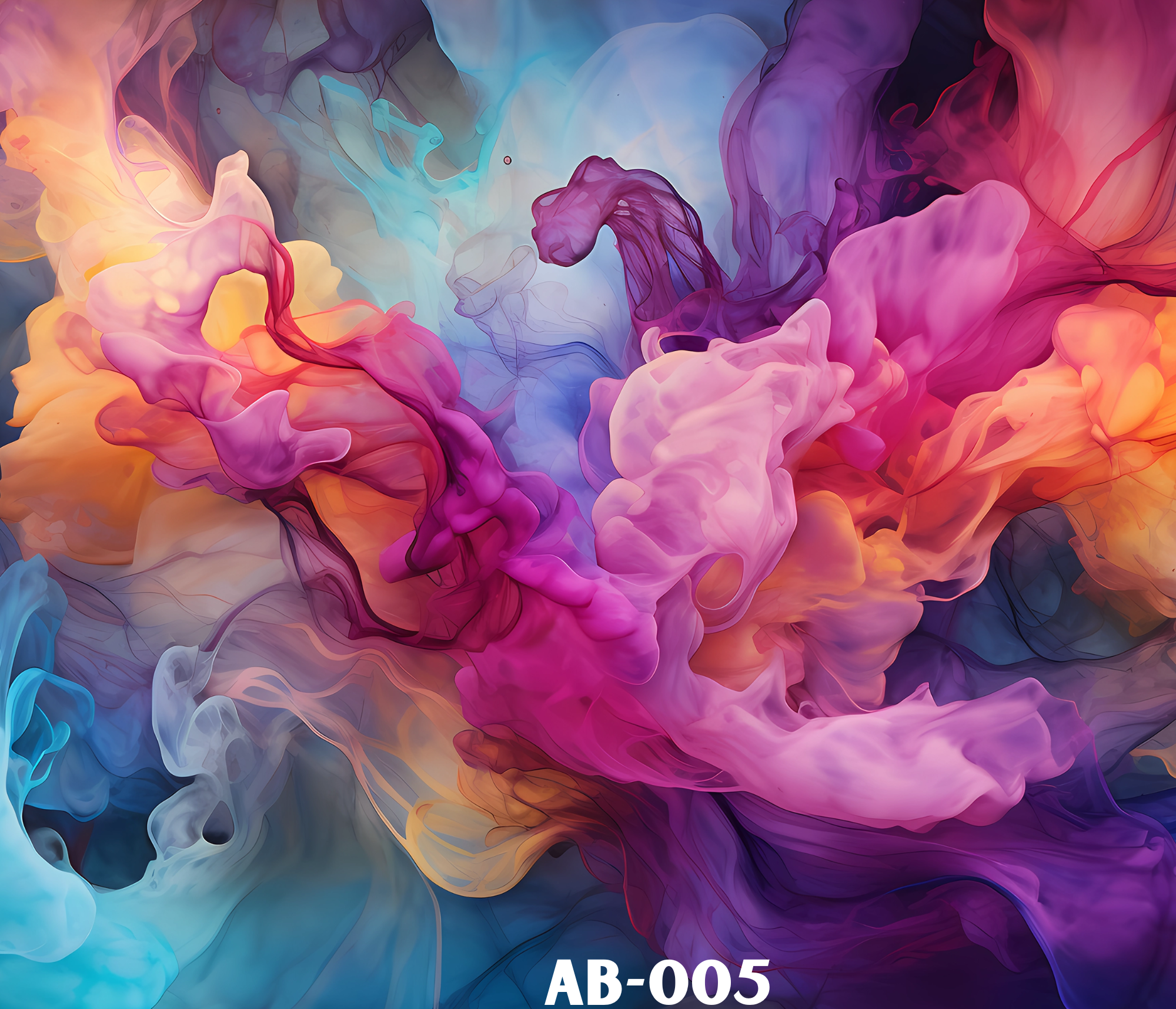 Abstract background with colorful swirling clouds of pink, purple, orange, blue, red, and white, with the text 'AB-005' at the bottom.