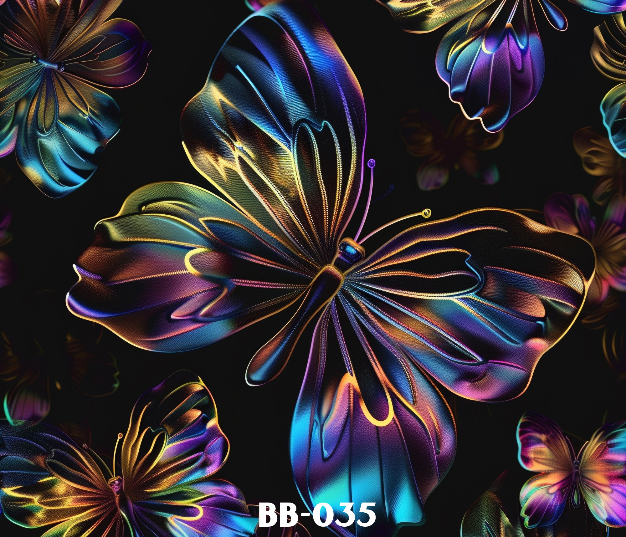 Colorful, abstract butterflies with glowing, neon-like edges on a black background,