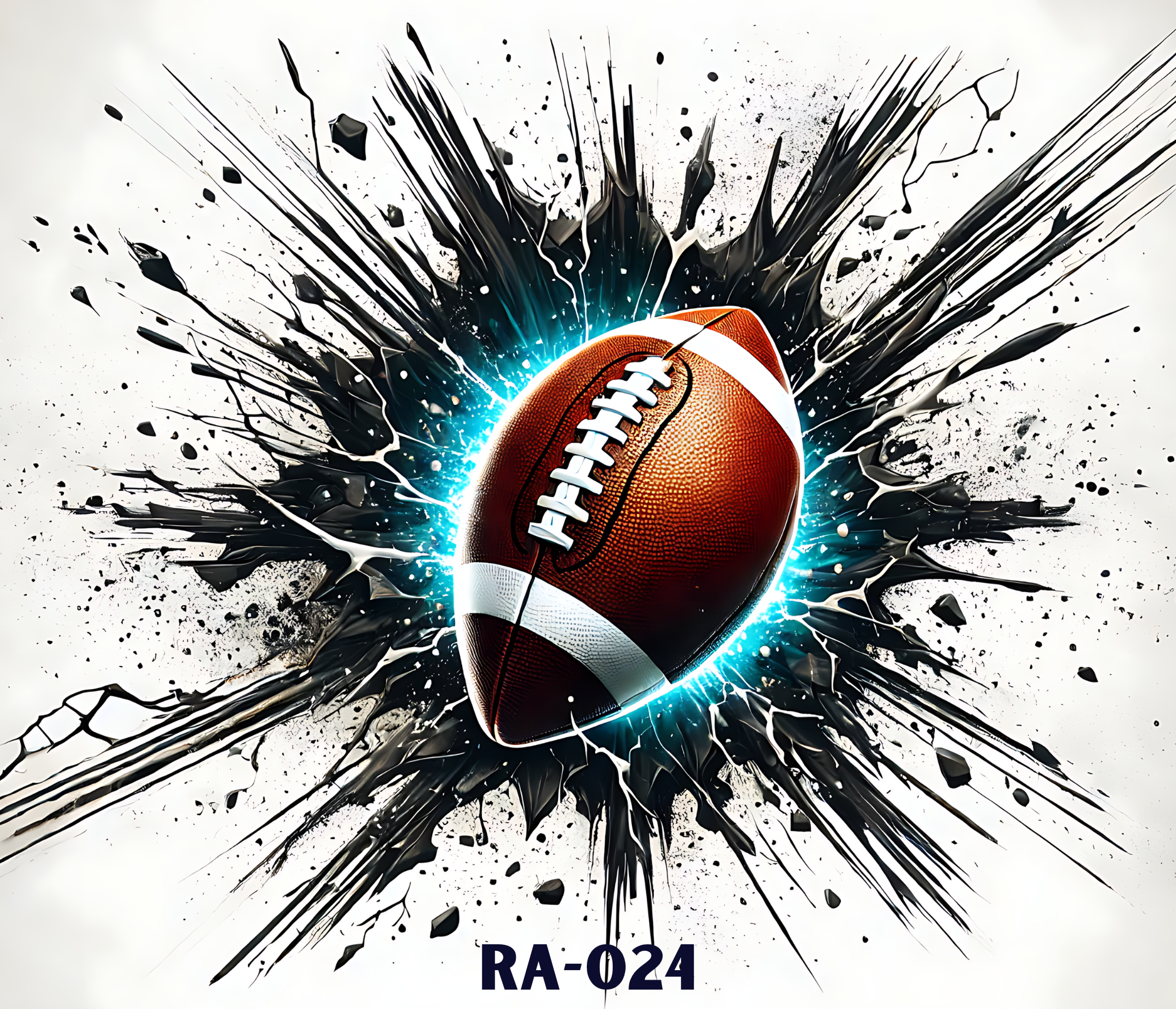 A football appears to break through a glass or mirror surface, causing black and white shards and splashes radiating outward from the ball,