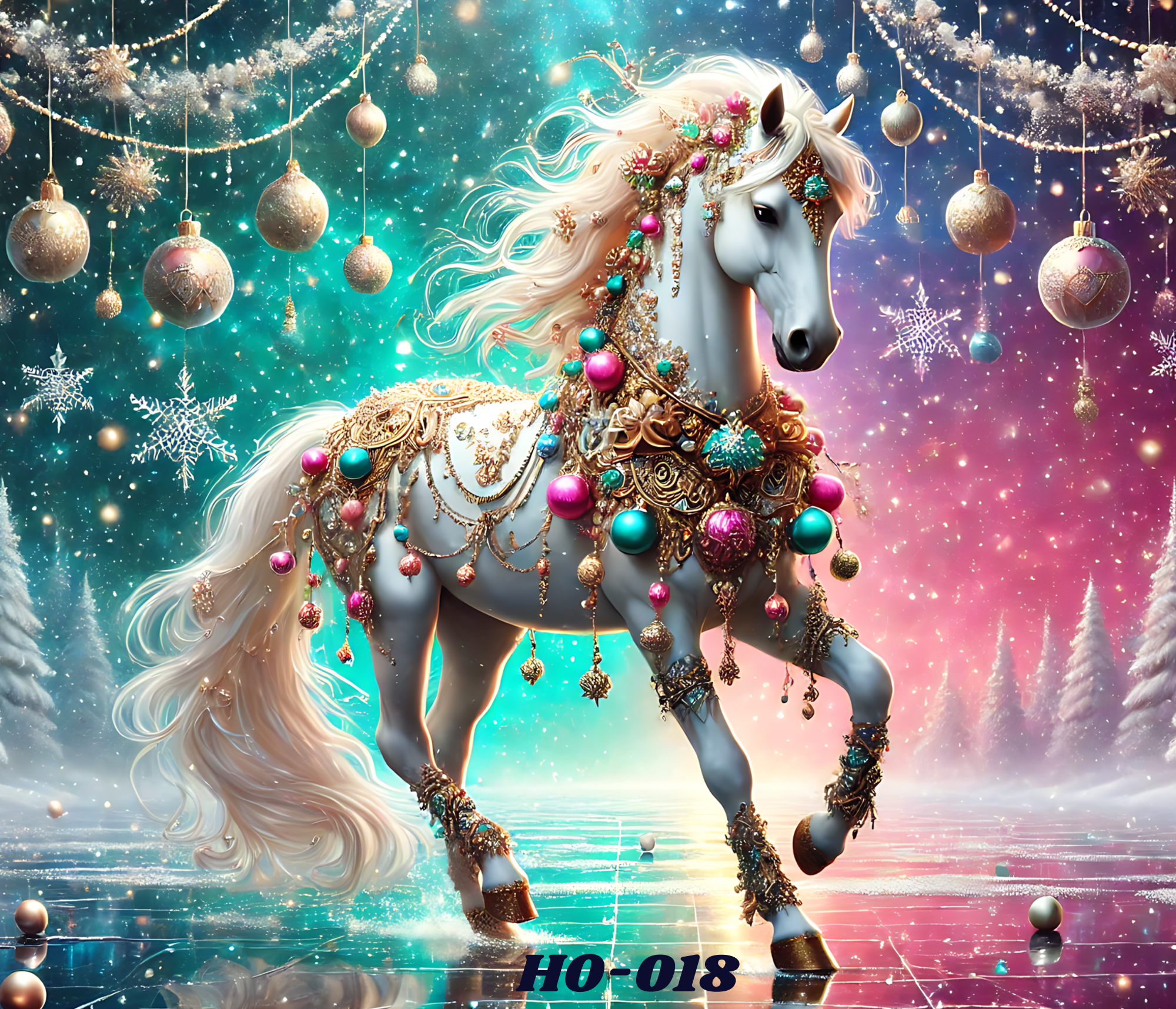 A digital artwork of a white unicorn adorned with colorful, shiny ornaments and chains standing in a vibrant, glittering, fantasy landscape decorated with Christmas ornaments, snowflakes, and glowing lights, with a rainbow gradient background and the text 'HO-HO' in the bottom right corner.
