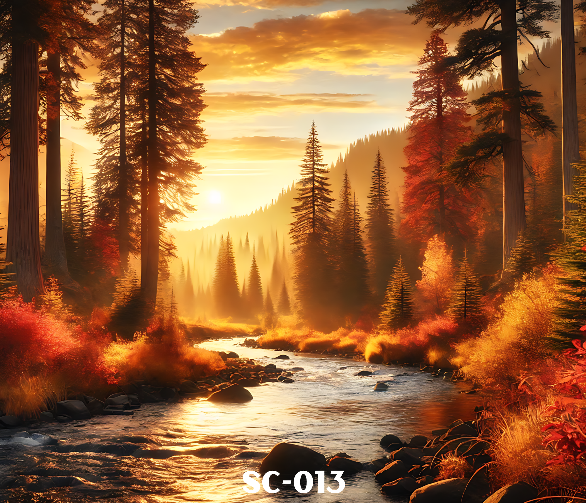 Scenic view of a sunset over a forested mountain with tall trees reflecting in a river, during autumn with orange and yellow leaves.