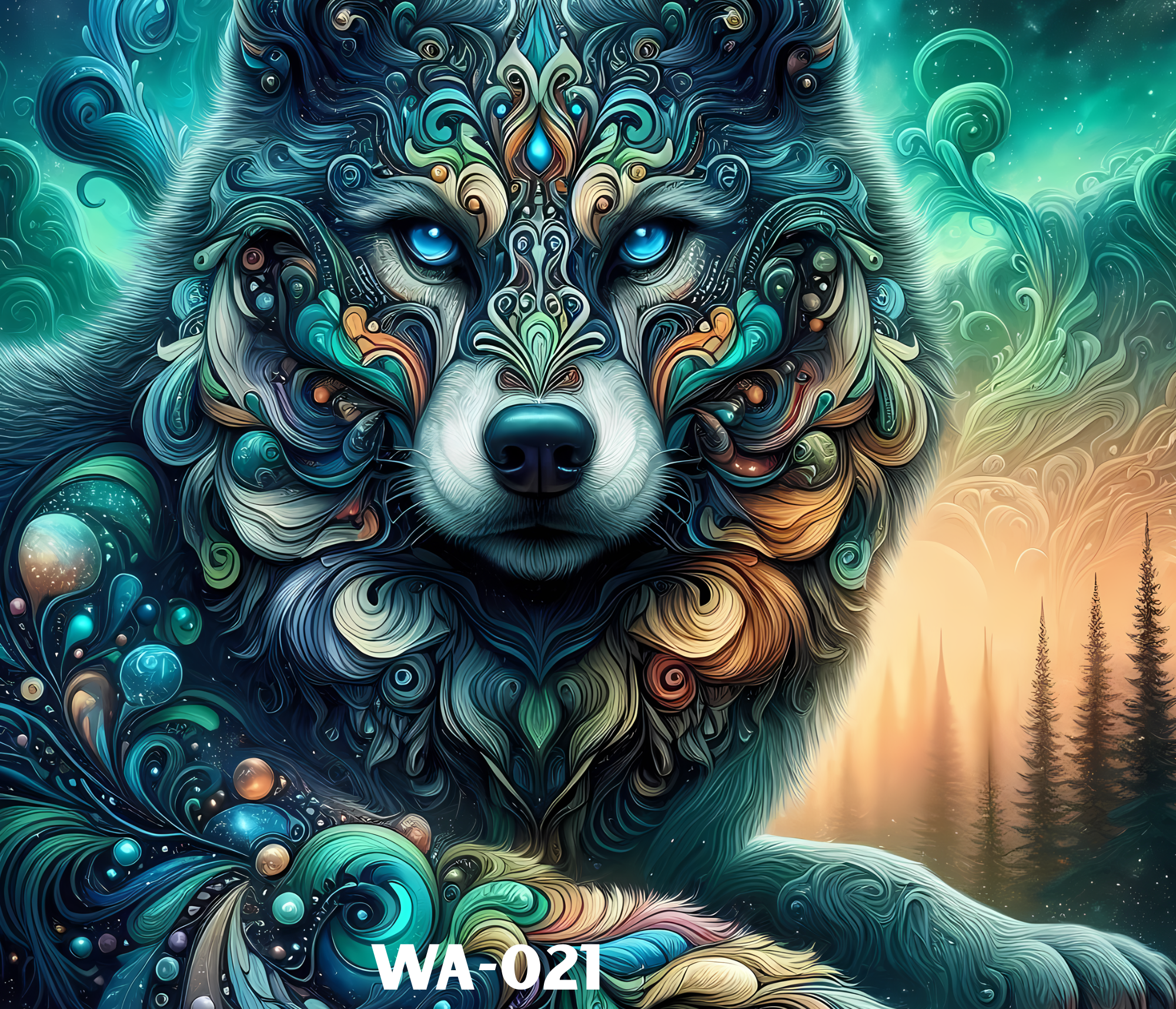 A colorful, abstract digital illustration of a wolf's face made up of swirling patterns and fluid shapes, with piercing blue eyes and a vibrant background featuring clouds, stars, and a forest silhouette.
